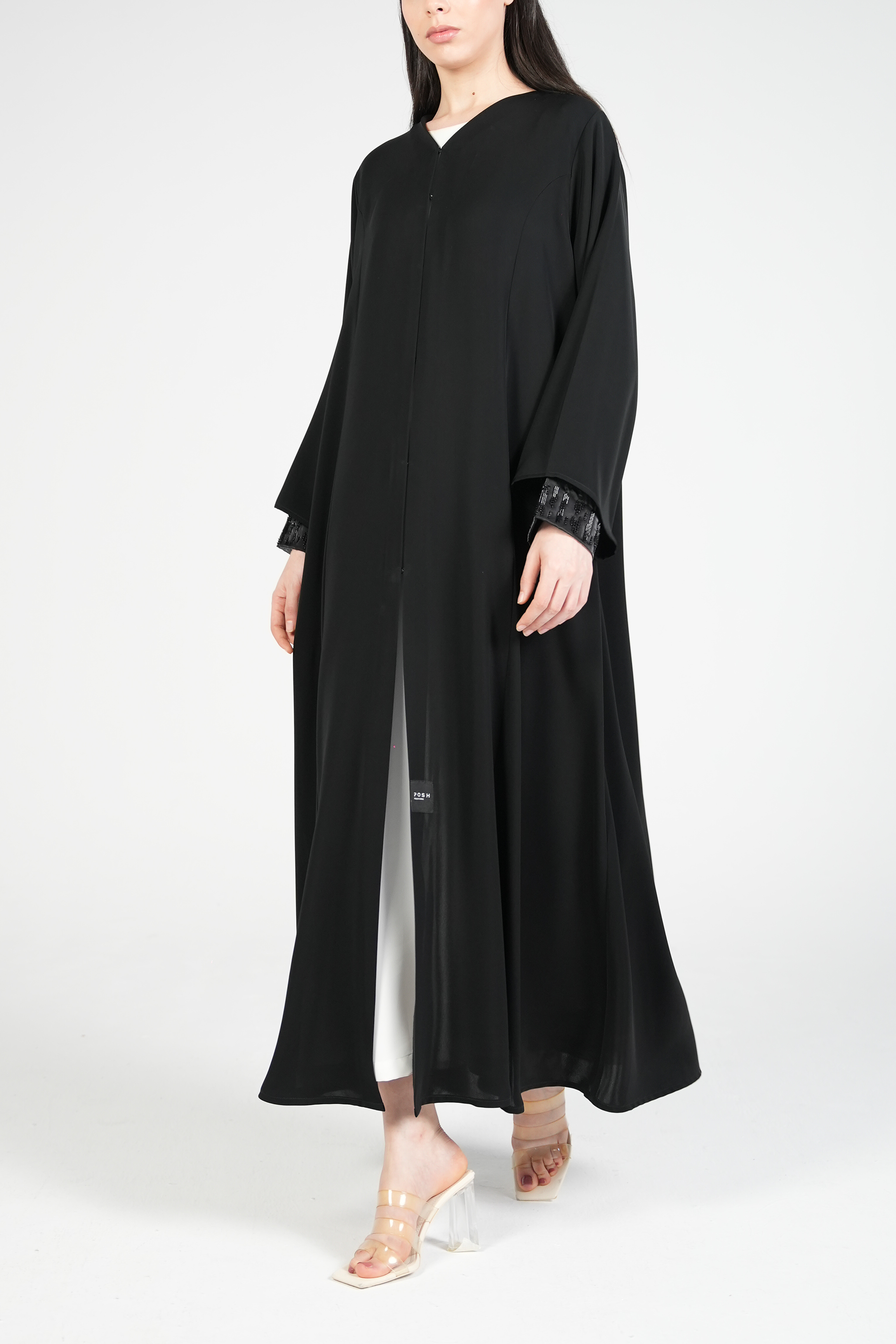 Black Mario Crepe Abaya with Double Layer Sleeves and Contemporary Beadwork - Posh Abaya