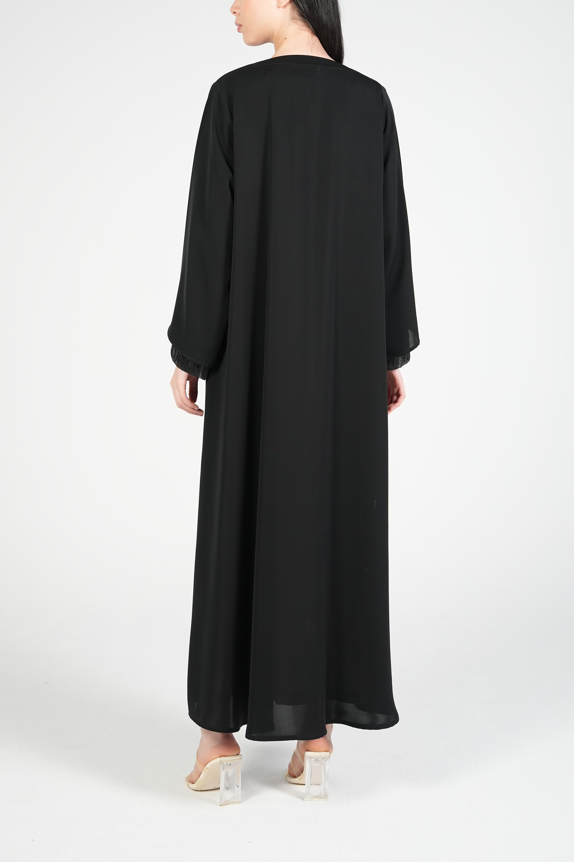Black Mario Crepe Abaya with Double Layer Sleeves and Contemporary Beadwork - Posh Abaya