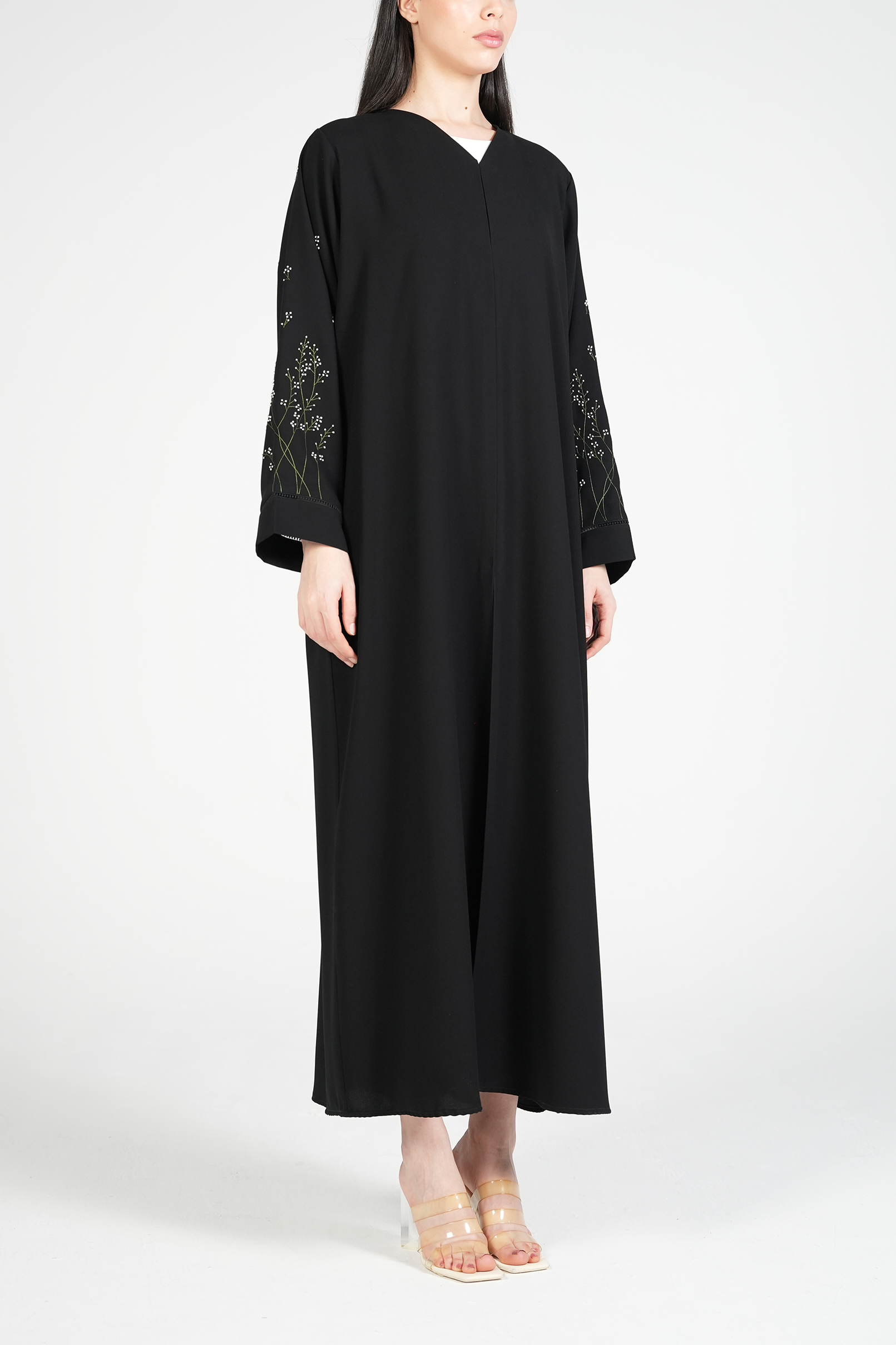 Black Maya Crepe Abaya with Floral Threadwork on Sleeves - Posh Abaya