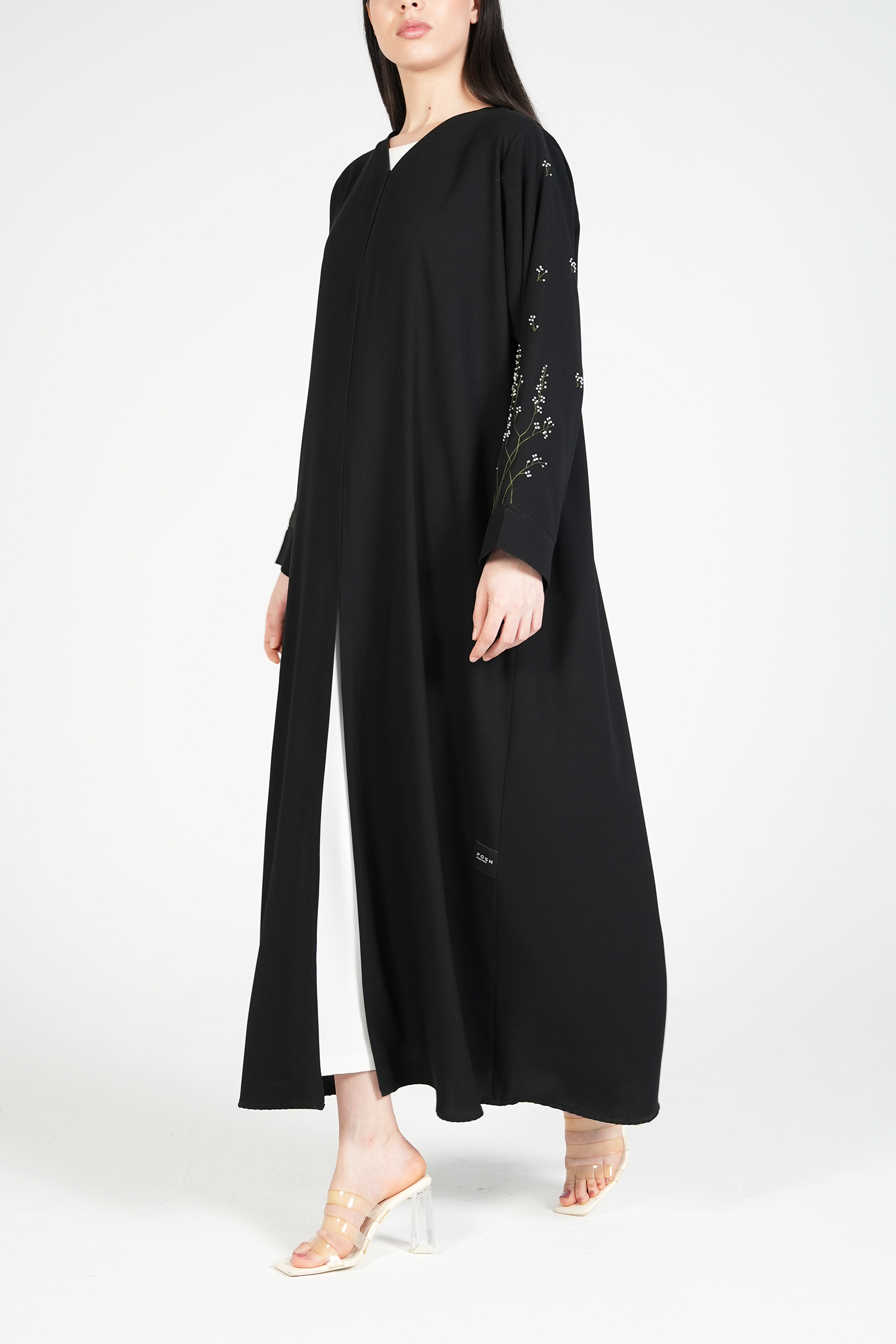 Black Maya Crepe Abaya with Floral Threadwork on Sleeves - Posh Abaya
