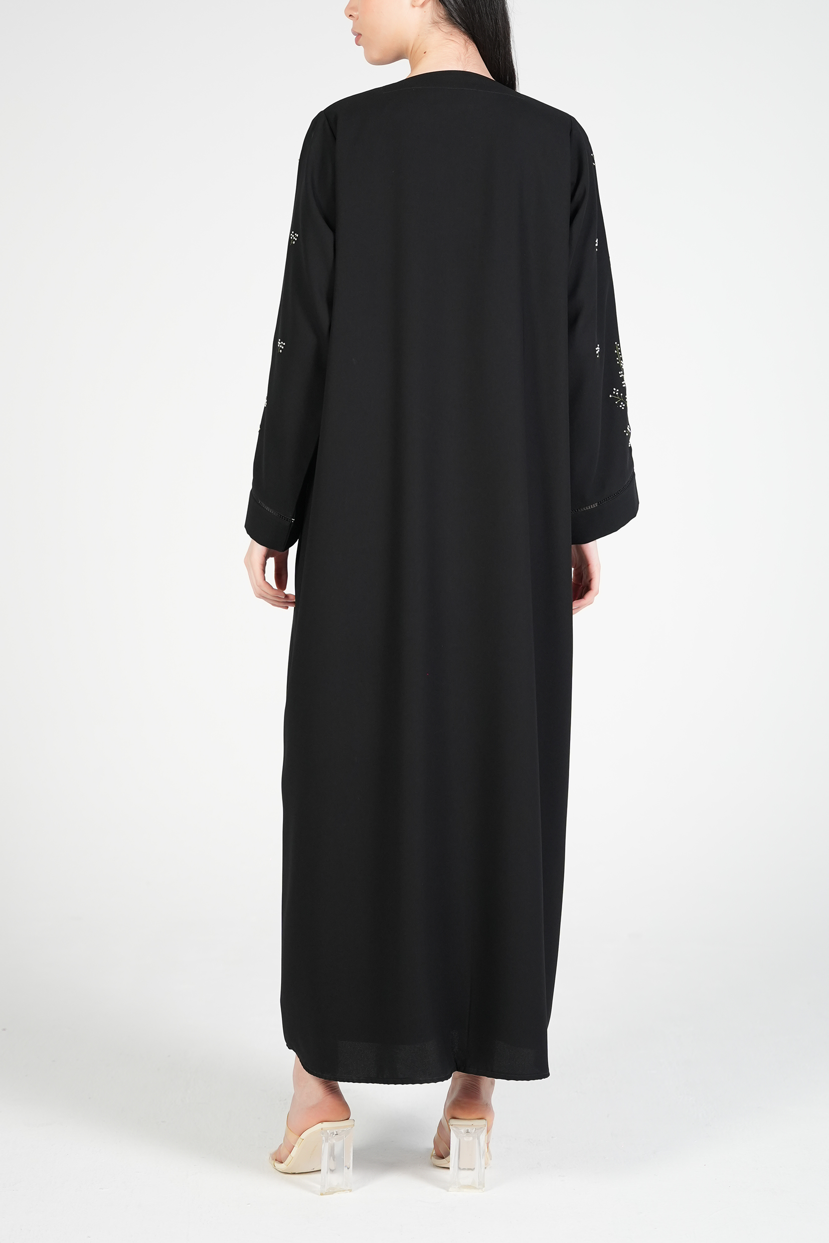 Black Maya Crepe Abaya with Floral Threadwork on Sleeves - Posh Abaya