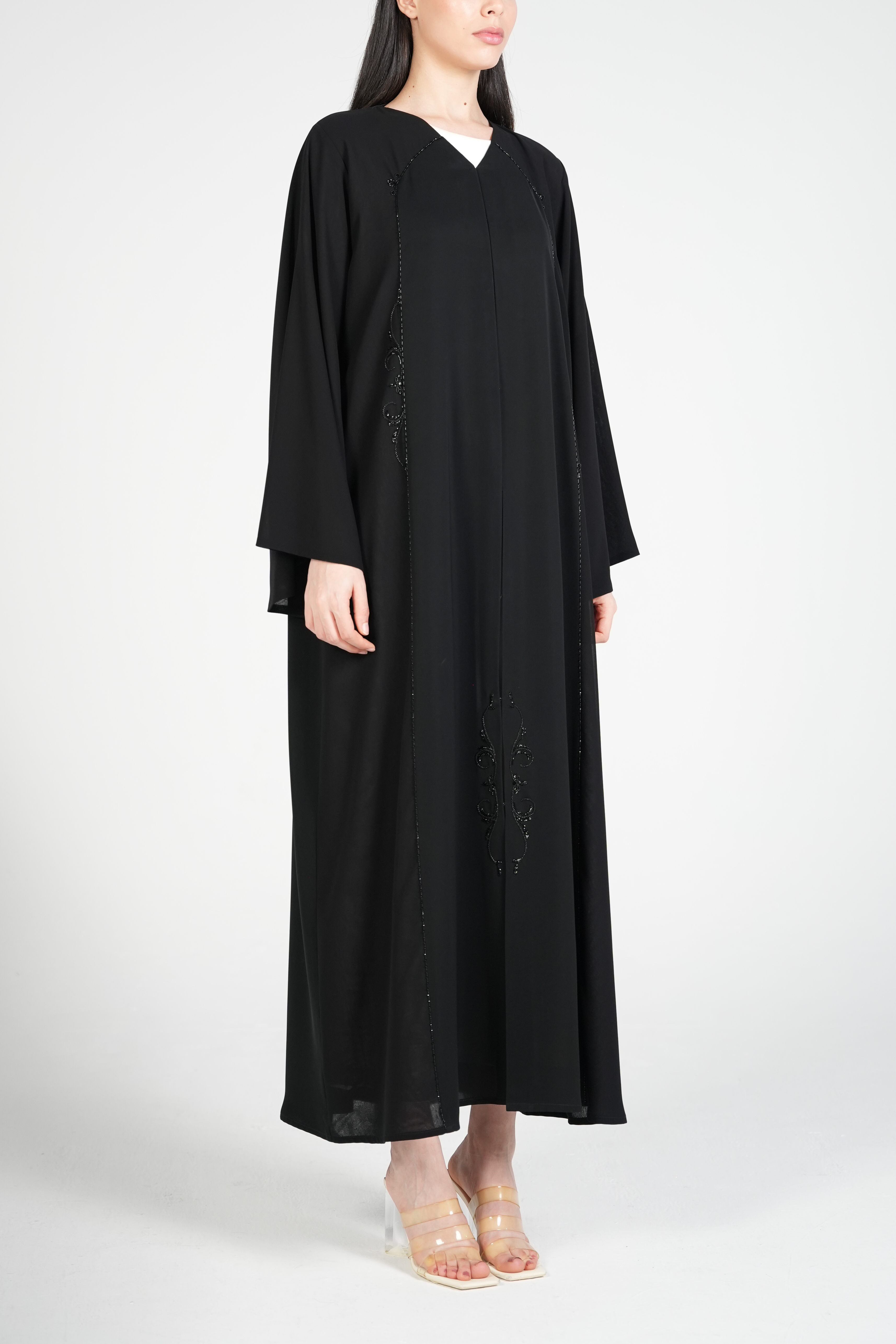 Black Classic Nada Abaya with Ethnic Beadwork Detail - Posh Abaya