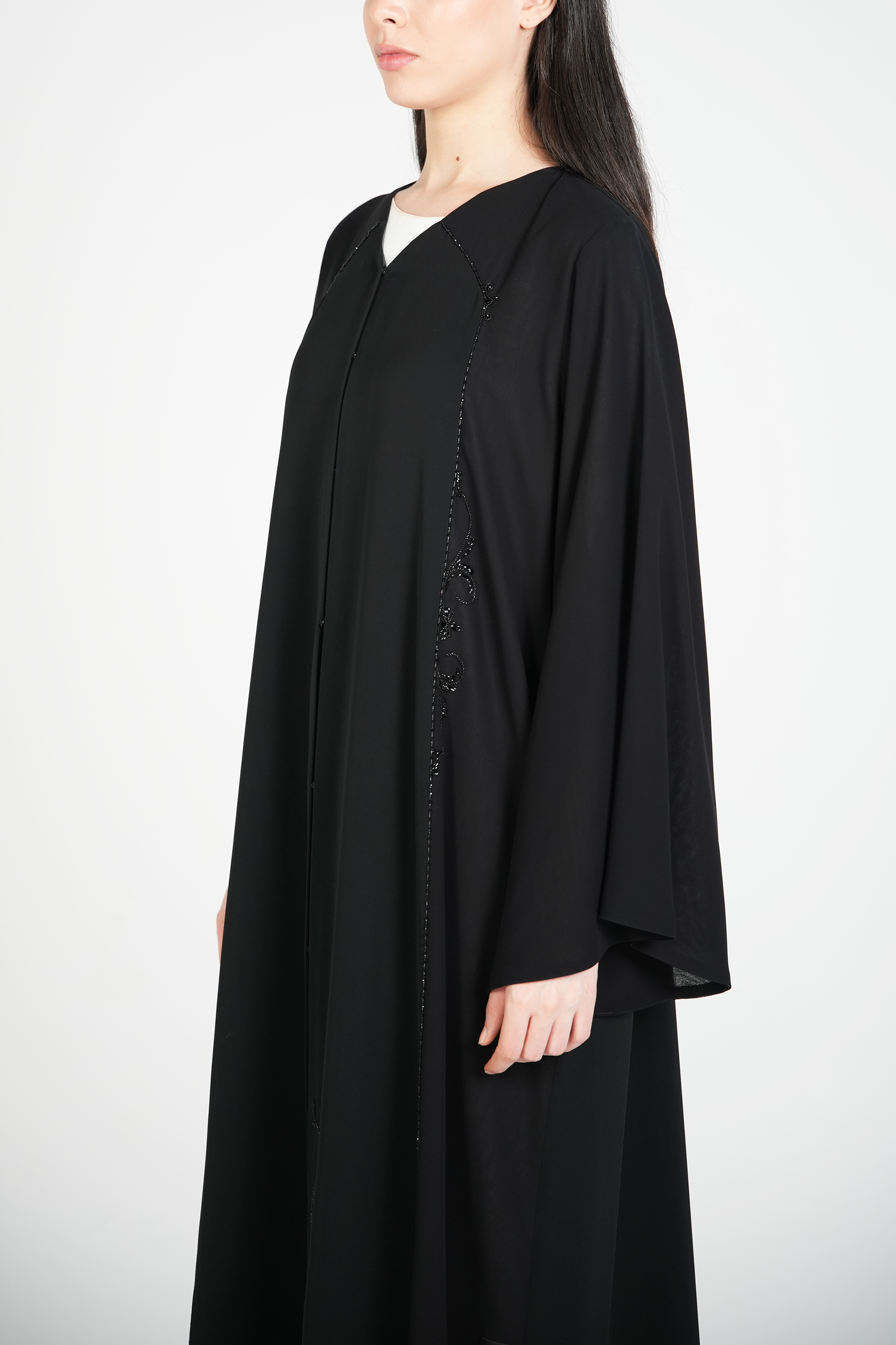 Black Classic Nada Abaya with Ethnic Beadwork Detail - Posh Abaya