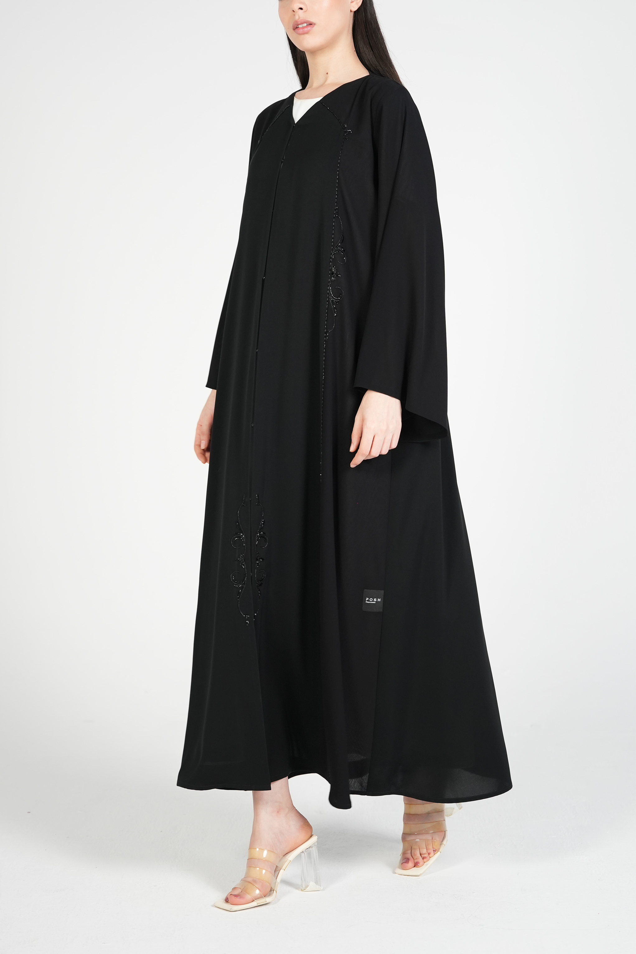 Black Classic Nada Abaya with Ethnic Beadwork Detail - Posh Abaya