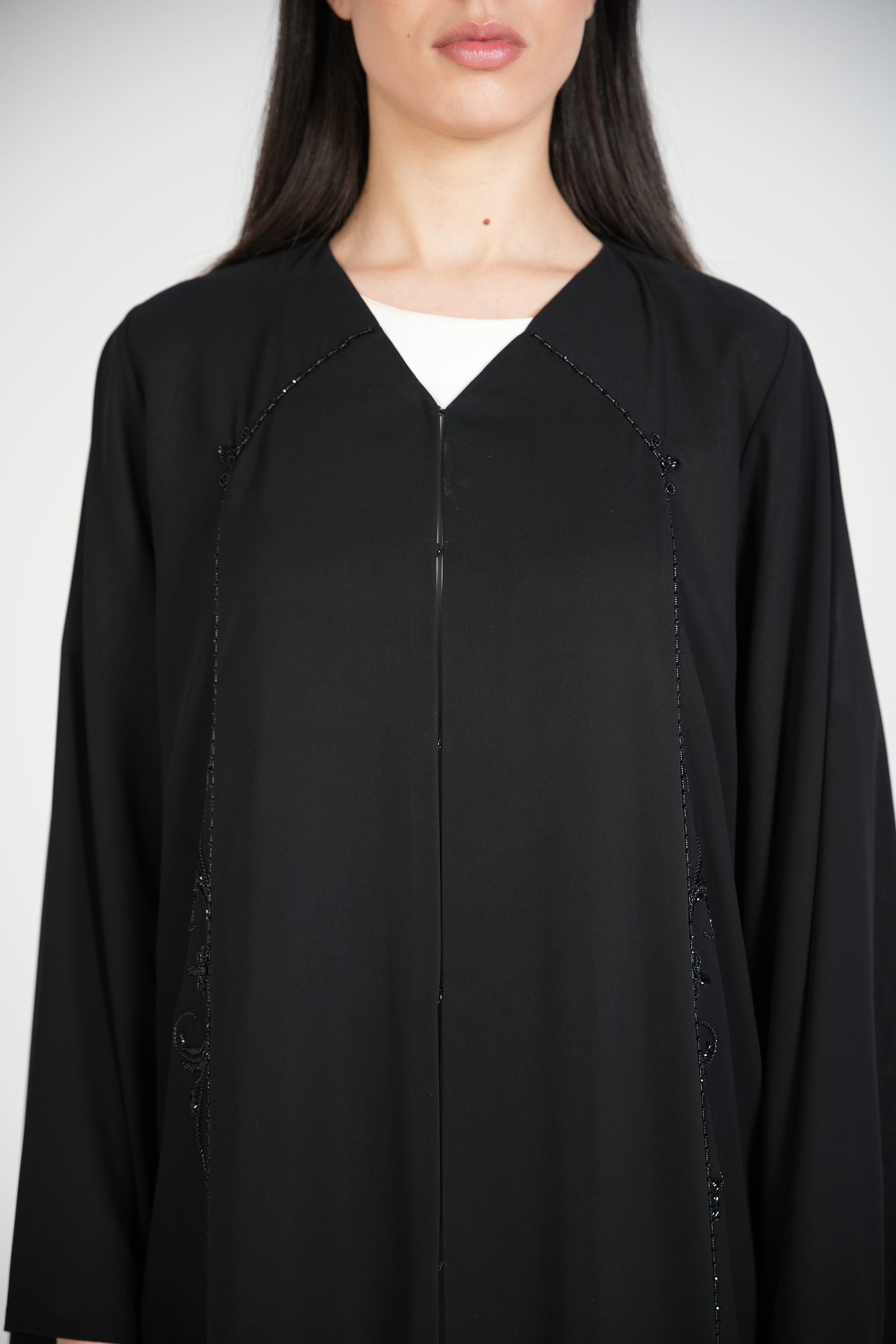 Black Classic Nada Abaya with Ethnic Beadwork Detail - Posh Abaya