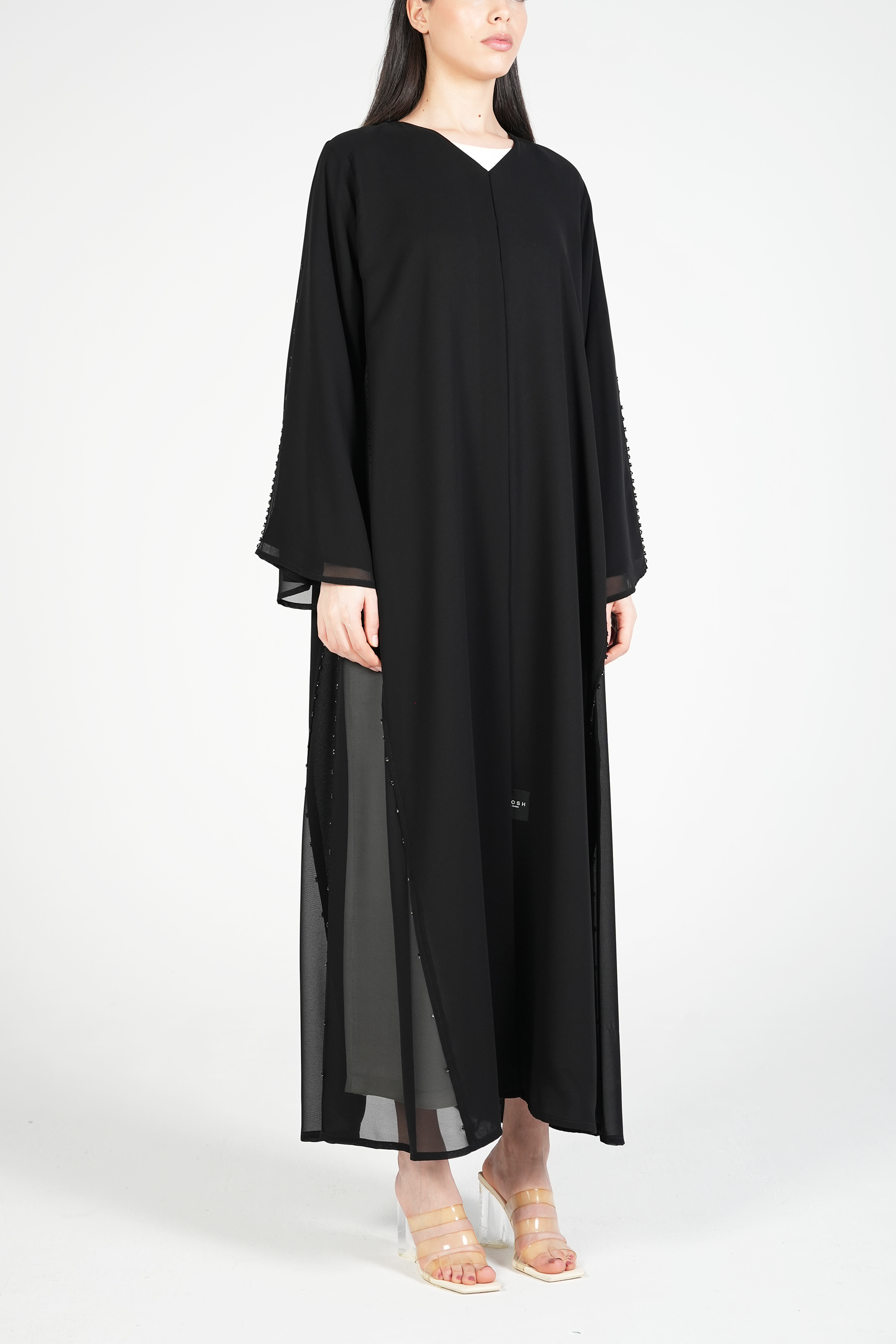 Black Malika Chiffon Abaya with Black & Brown Beadwork on Side and Sleeves - Posh Abaya