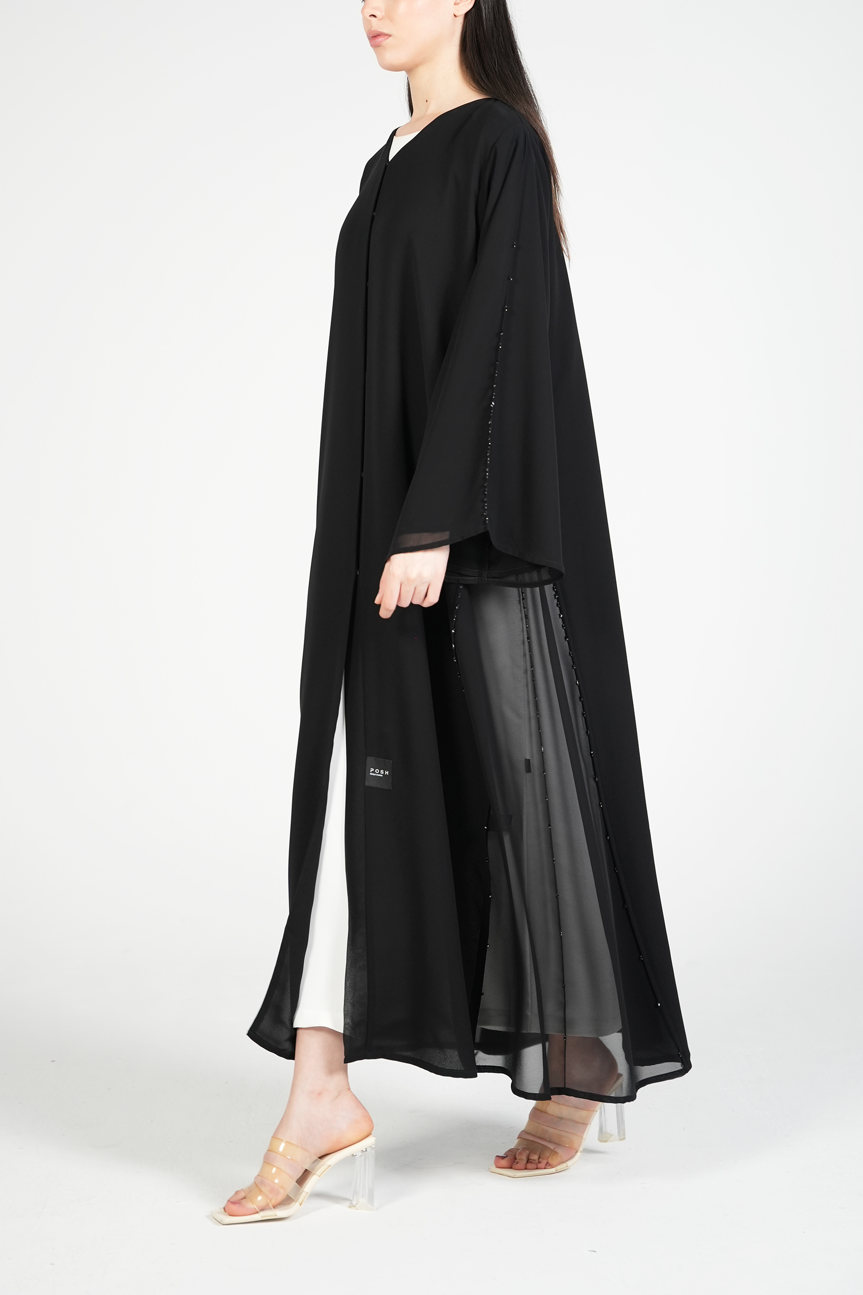 Black Malika Chiffon Abaya with Black & Brown Beadwork on Side and Sleeves - Posh Abaya