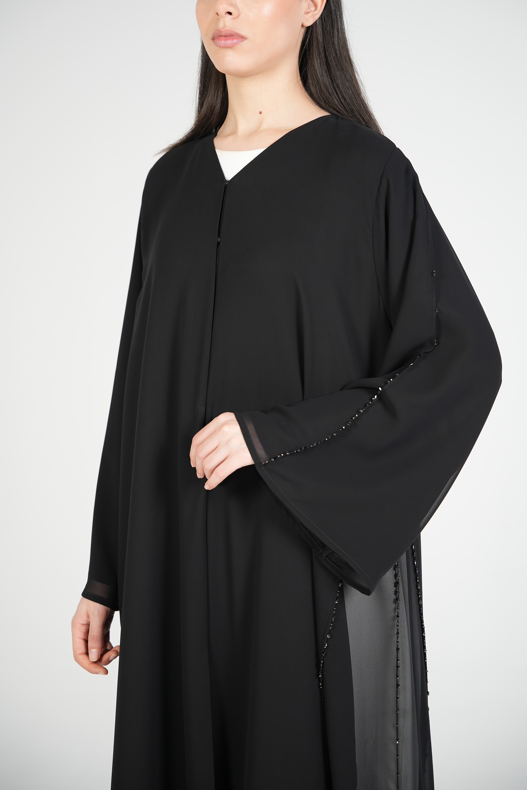 Black Malika Chiffon Abaya with Black & Brown Beadwork on Side and Sleeves - Posh Abaya
