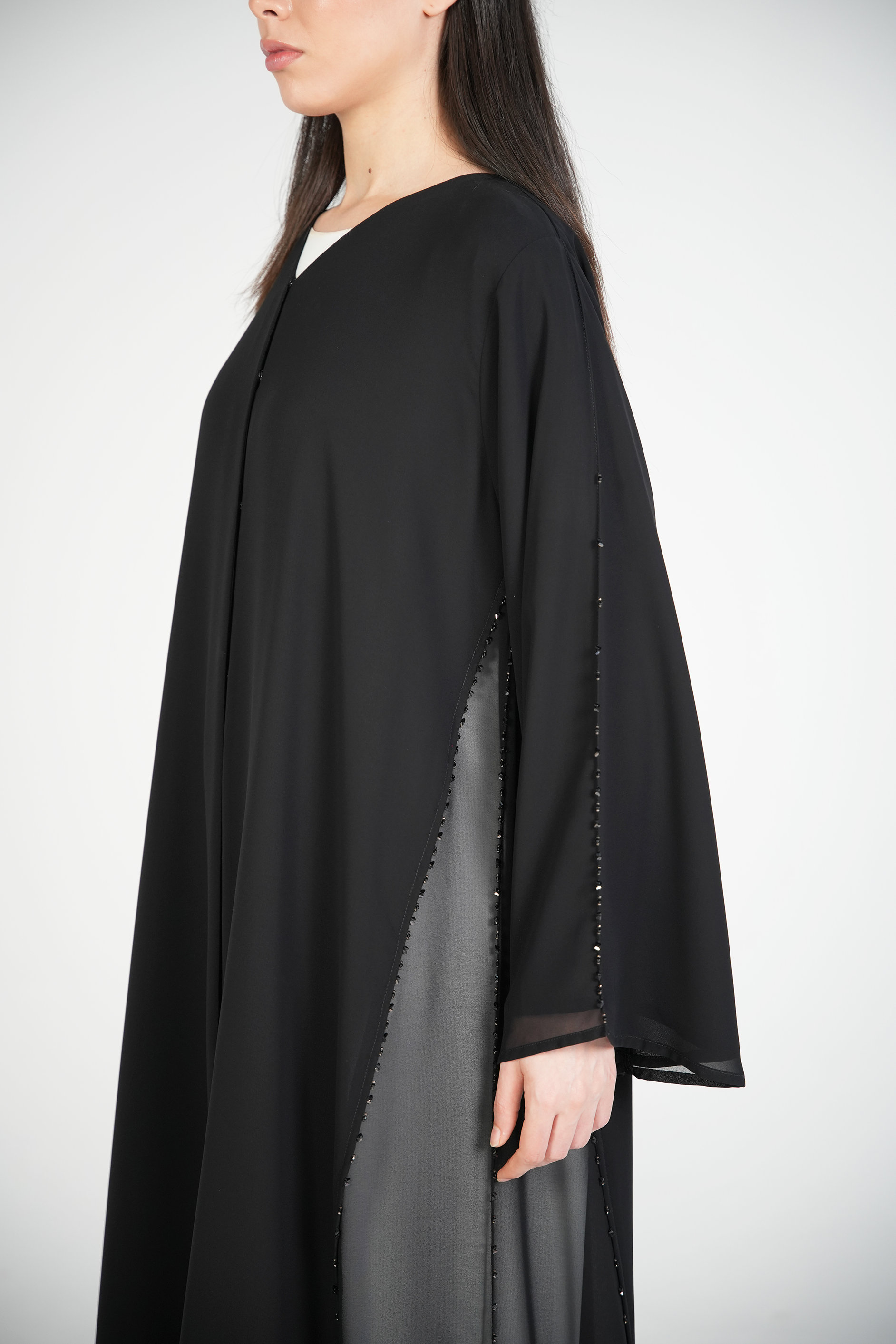 Black Malika Chiffon Abaya with Black & Brown Beadwork on Side and Sleeves - Posh Abaya