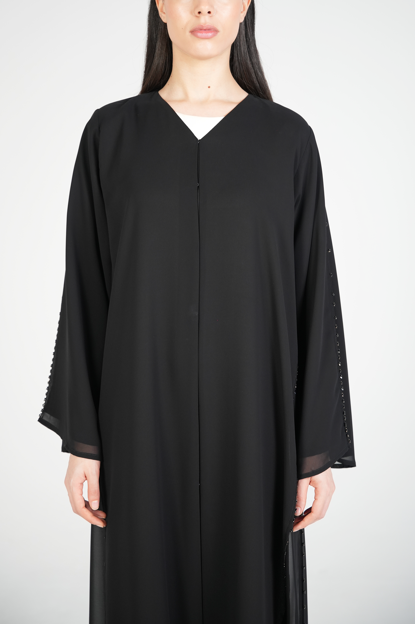 Black Malika Chiffon Abaya with Black & Brown Beadwork on Side and Sleeves - Posh Abaya
