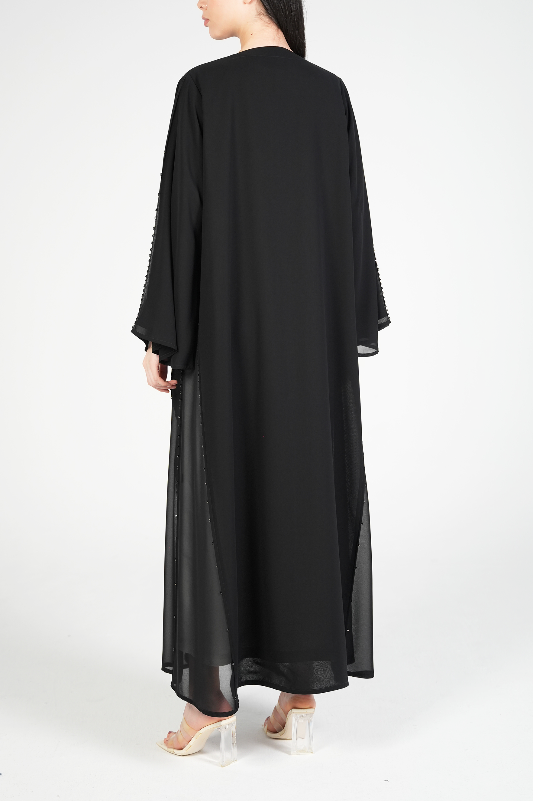 Black Malika Chiffon Abaya with Black & Brown Beadwork on Side and Sleeves - Posh Abaya