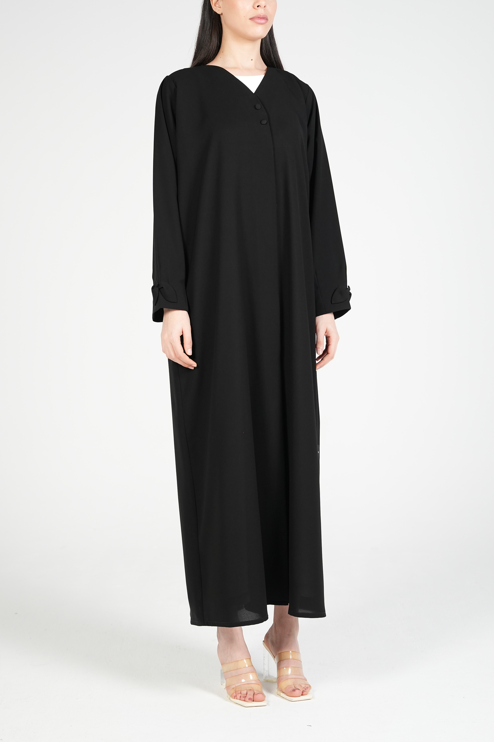 Black Nova Crepe Abaya with Appliqué Bow Details on Sleeves - Posh Abaya