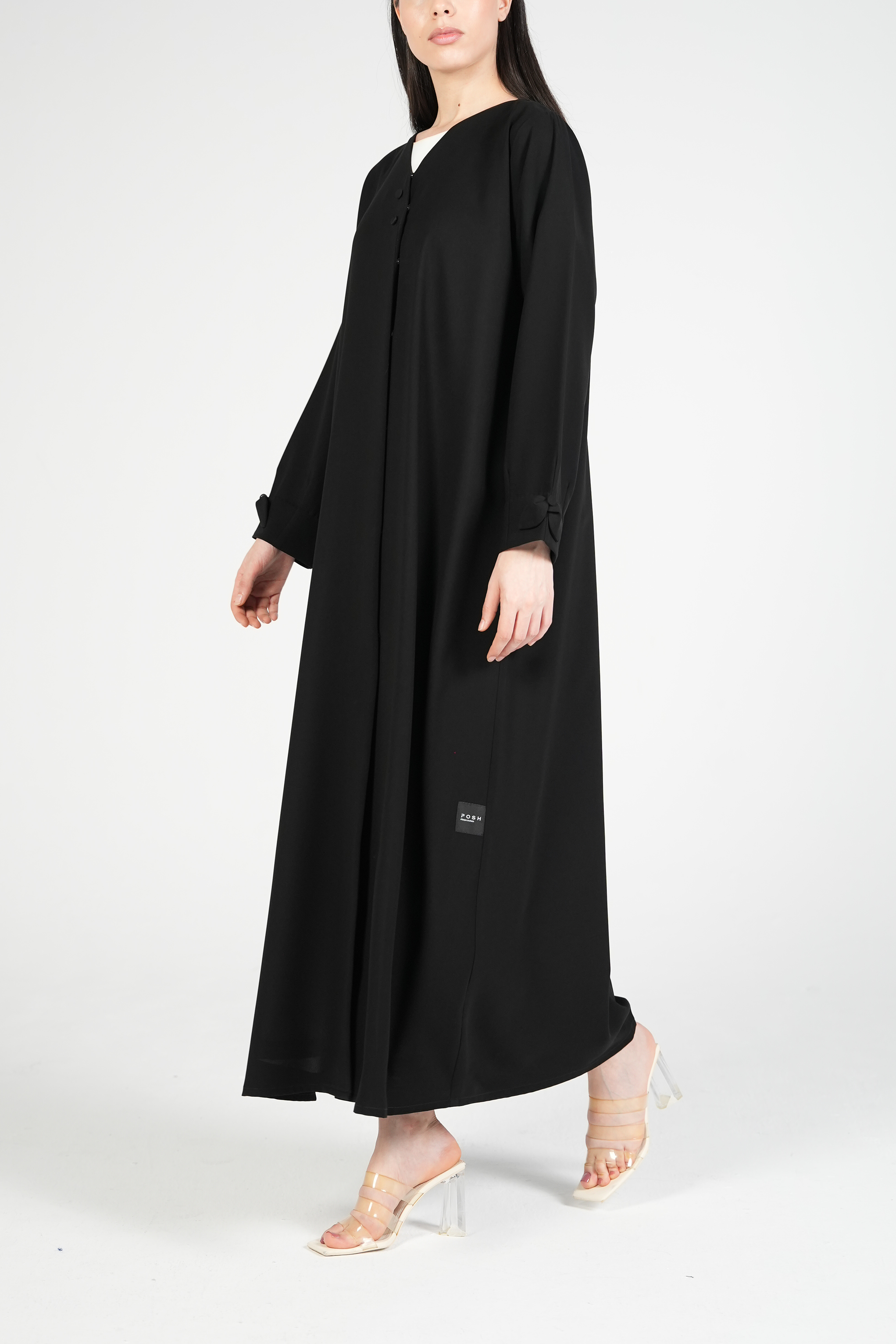 Black Nova Crepe Abaya with Appliqué Bow Details on Sleeves - Posh Abaya