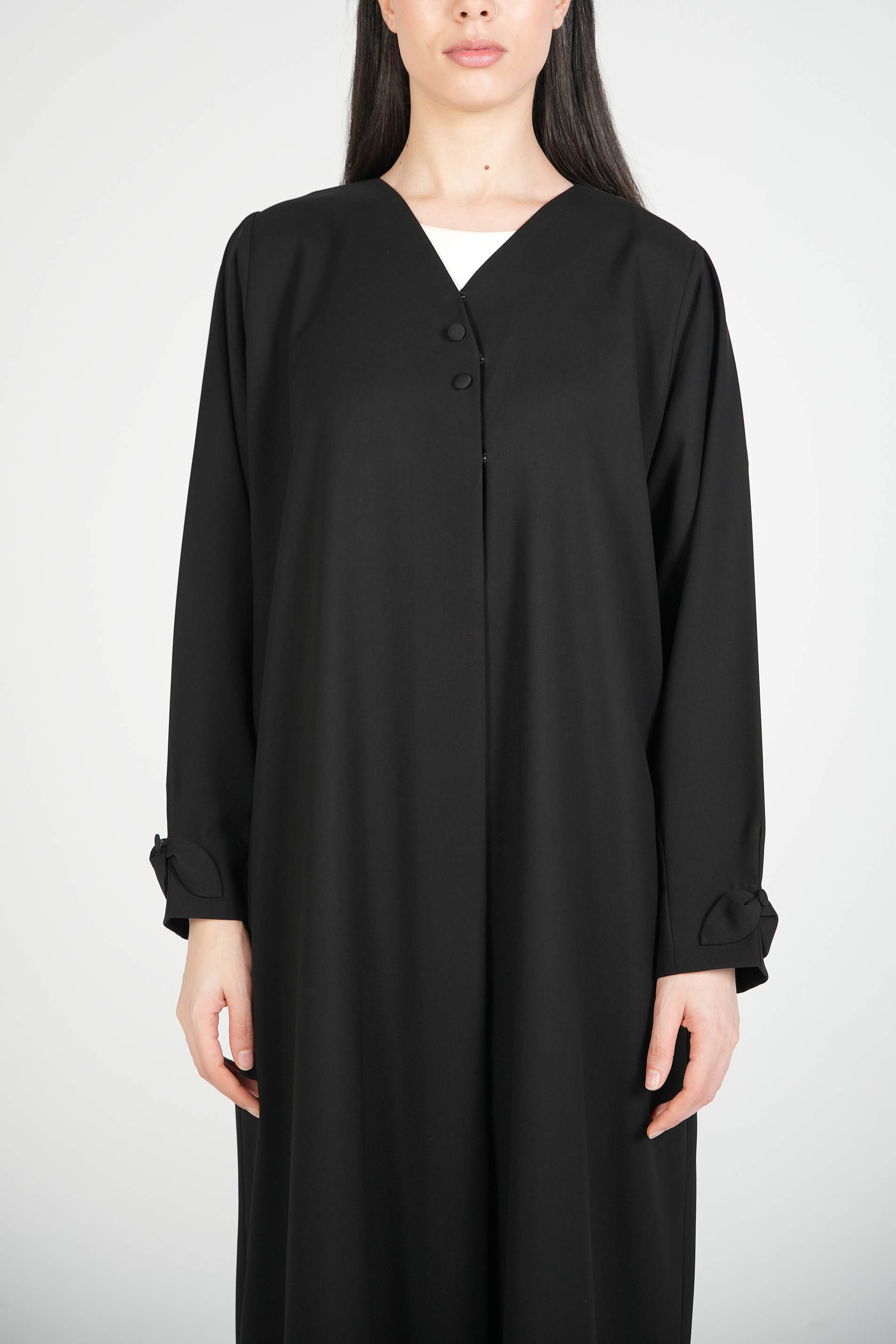 Black Nova Crepe Abaya with Appliqué Bow Details on Sleeves - Posh Abaya