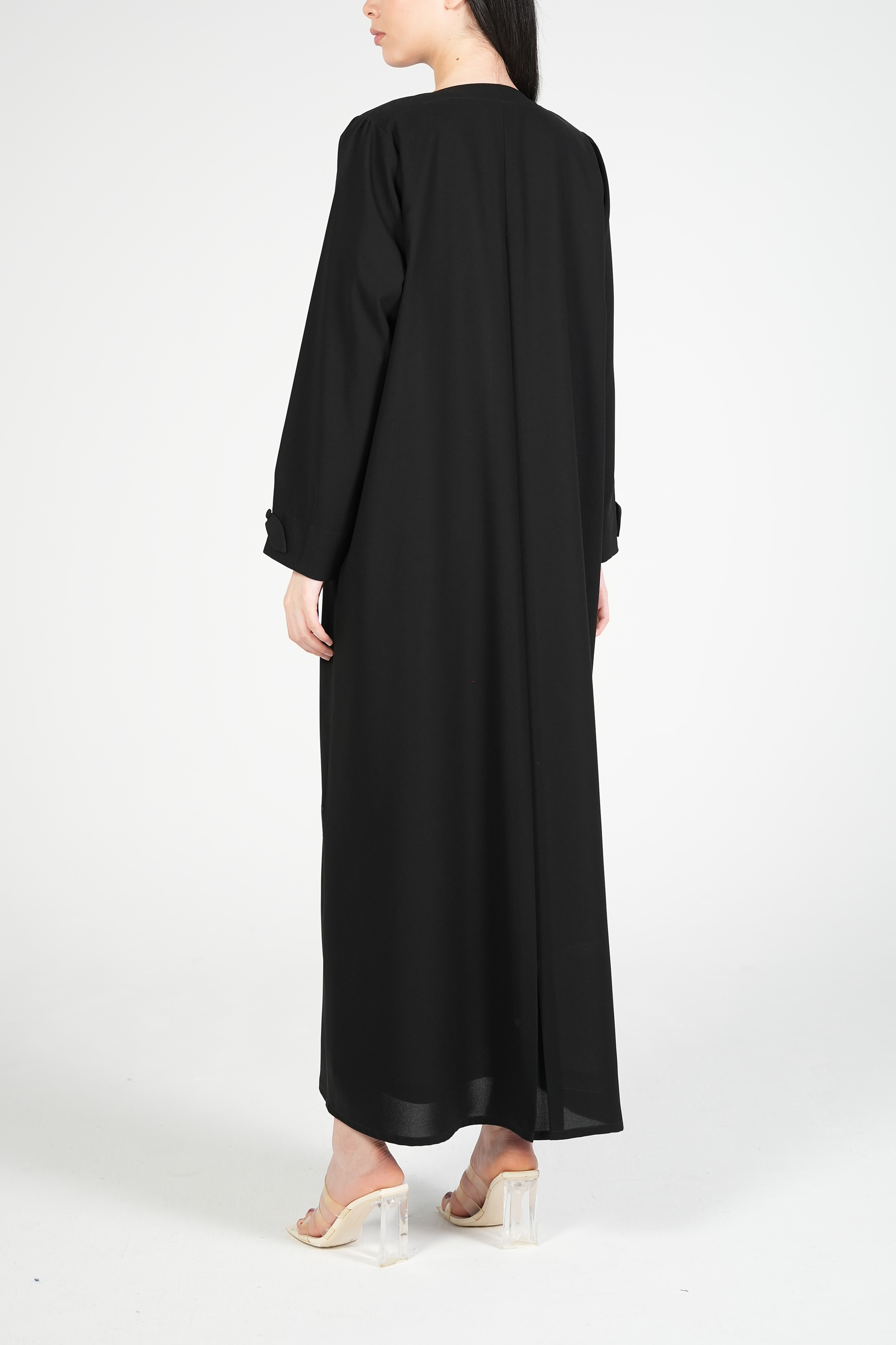 Black Nova Crepe Abaya with Appliqué Bow Details on Sleeves - Posh Abaya