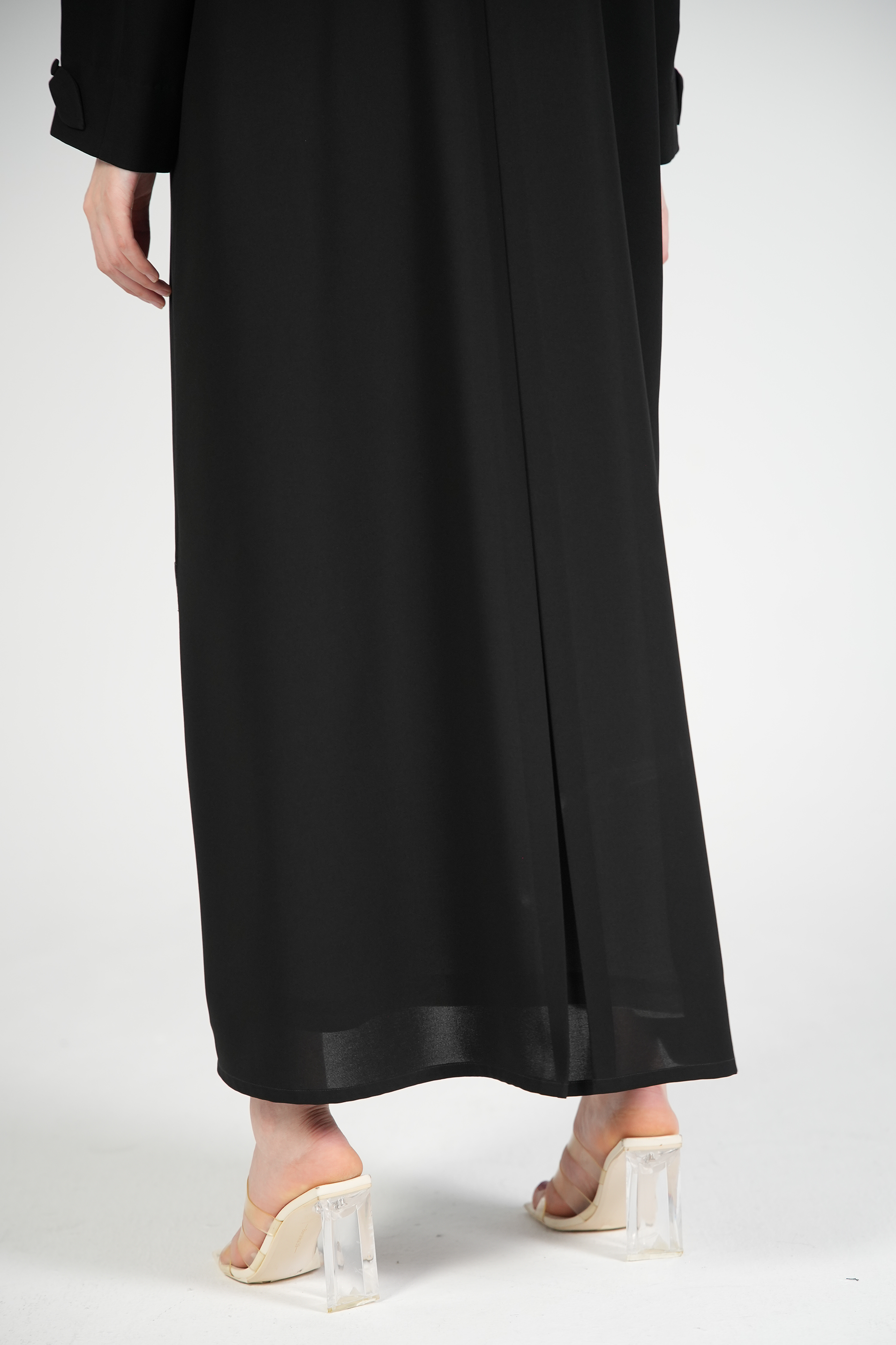 Black Nova Crepe Abaya with Appliqué Bow Details on Sleeves - Posh Abaya