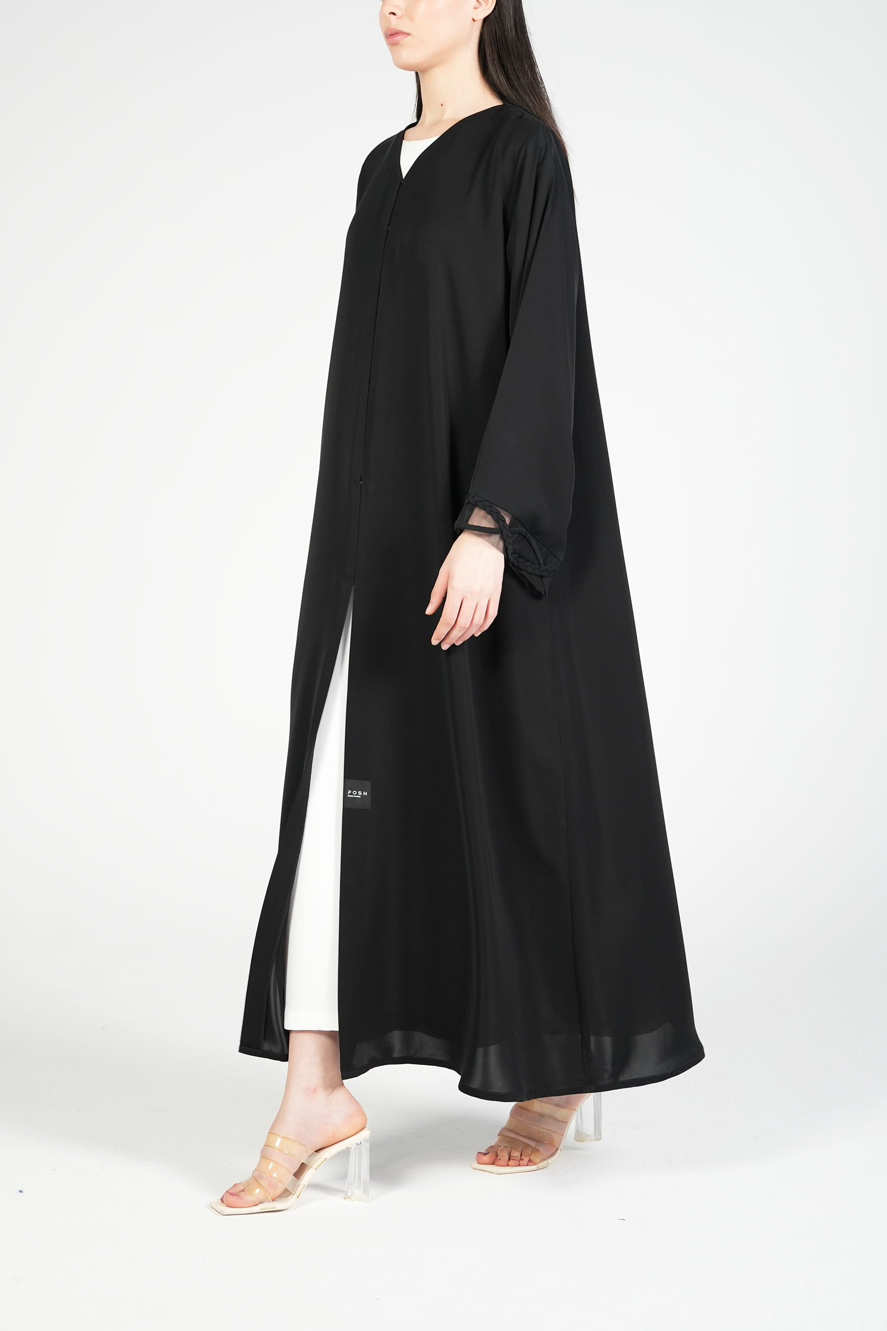 Black Mario Crepe Abaya with Dreadlock Design on Sleeves - Posh Abaya