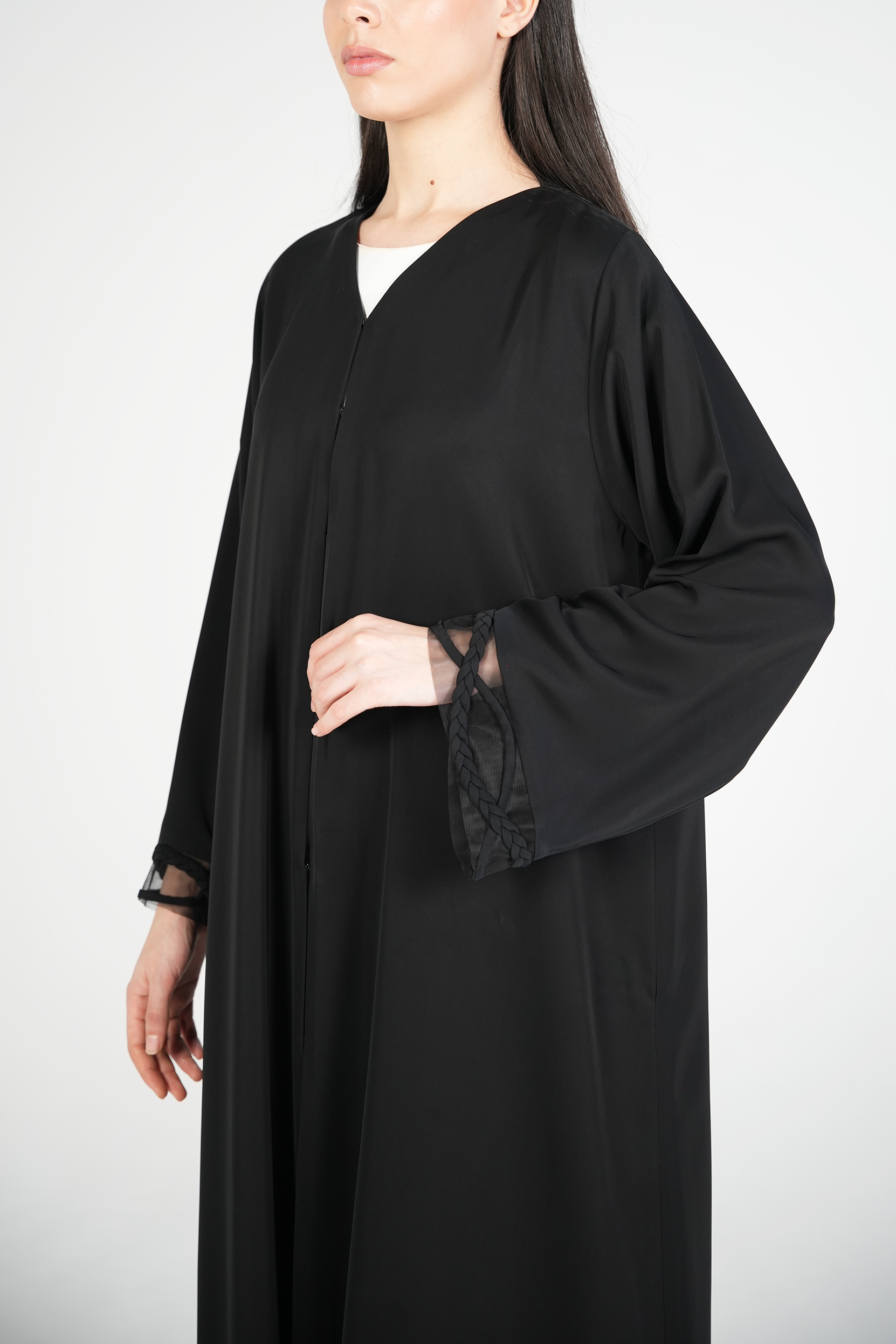 Black Mario Crepe Abaya with Dreadlock Design on Sleeves - Posh Abaya