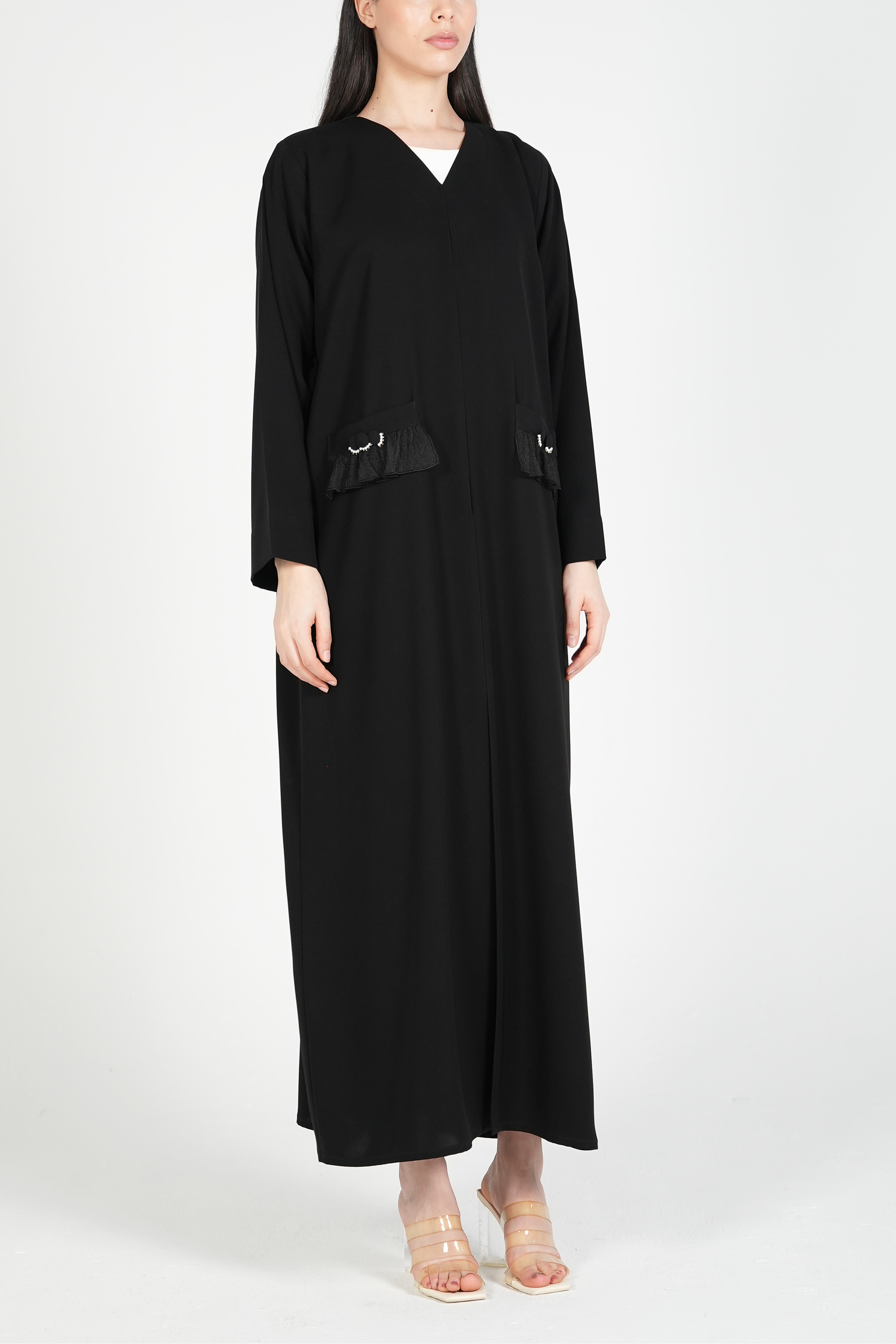 Black Aria Crepe Abaya with Minimal Beadwork Detail on Buttons - Posh Abaya