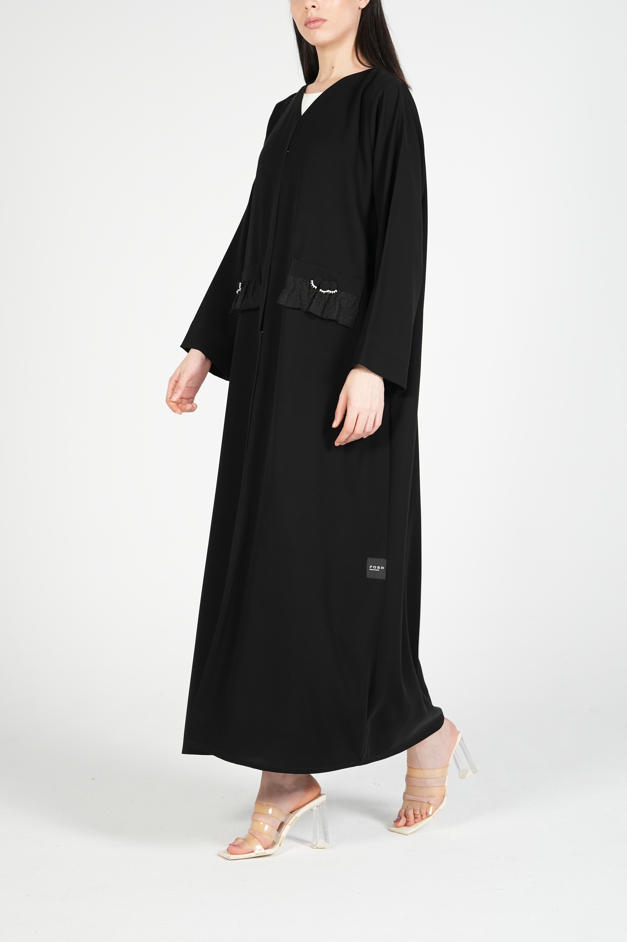 Black Aria Crepe Abaya with Minimal Beadwork Detail on Buttons - Posh Abaya