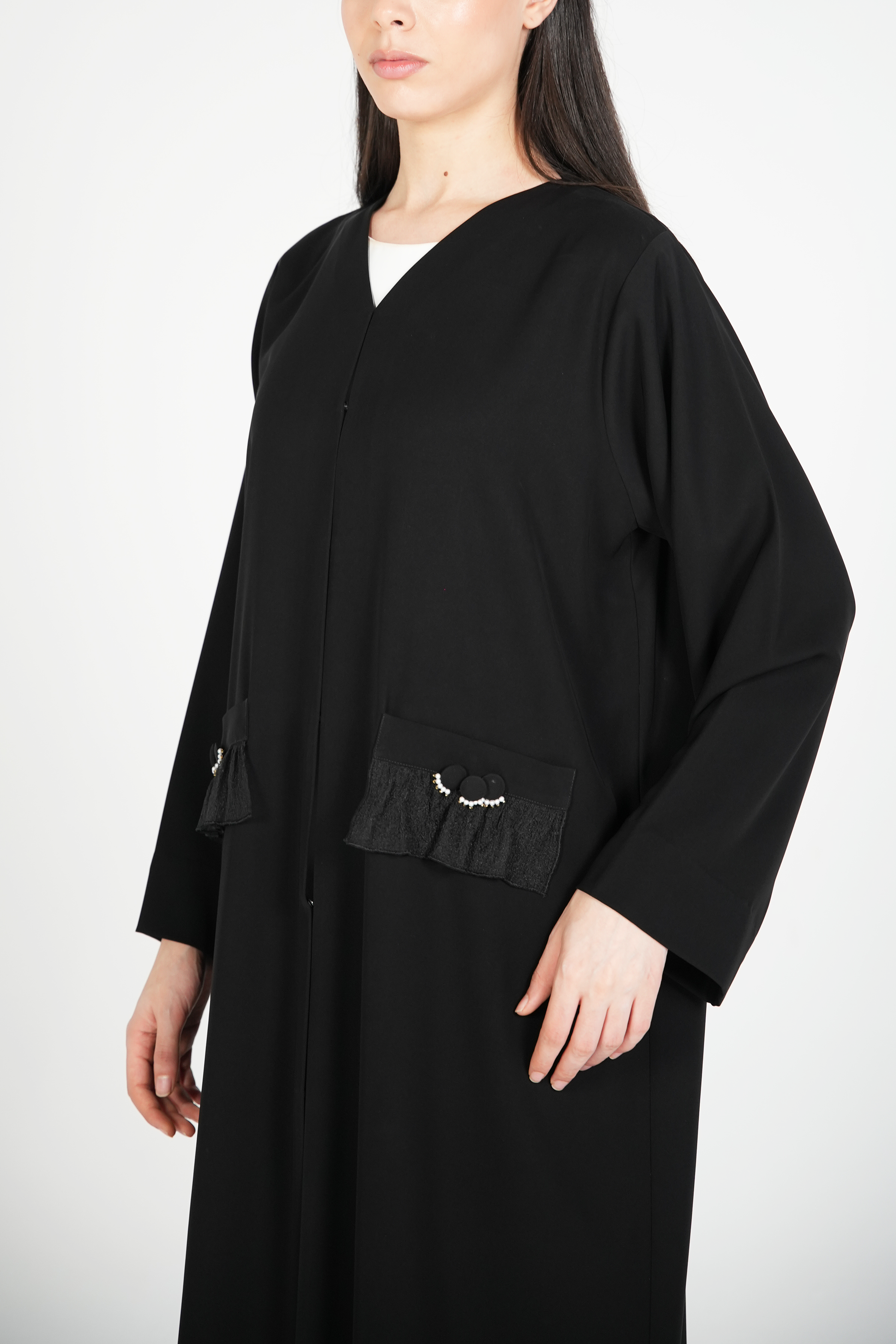 Black Aria Crepe Abaya with Minimal Beadwork Detail on Buttons - Posh Abaya