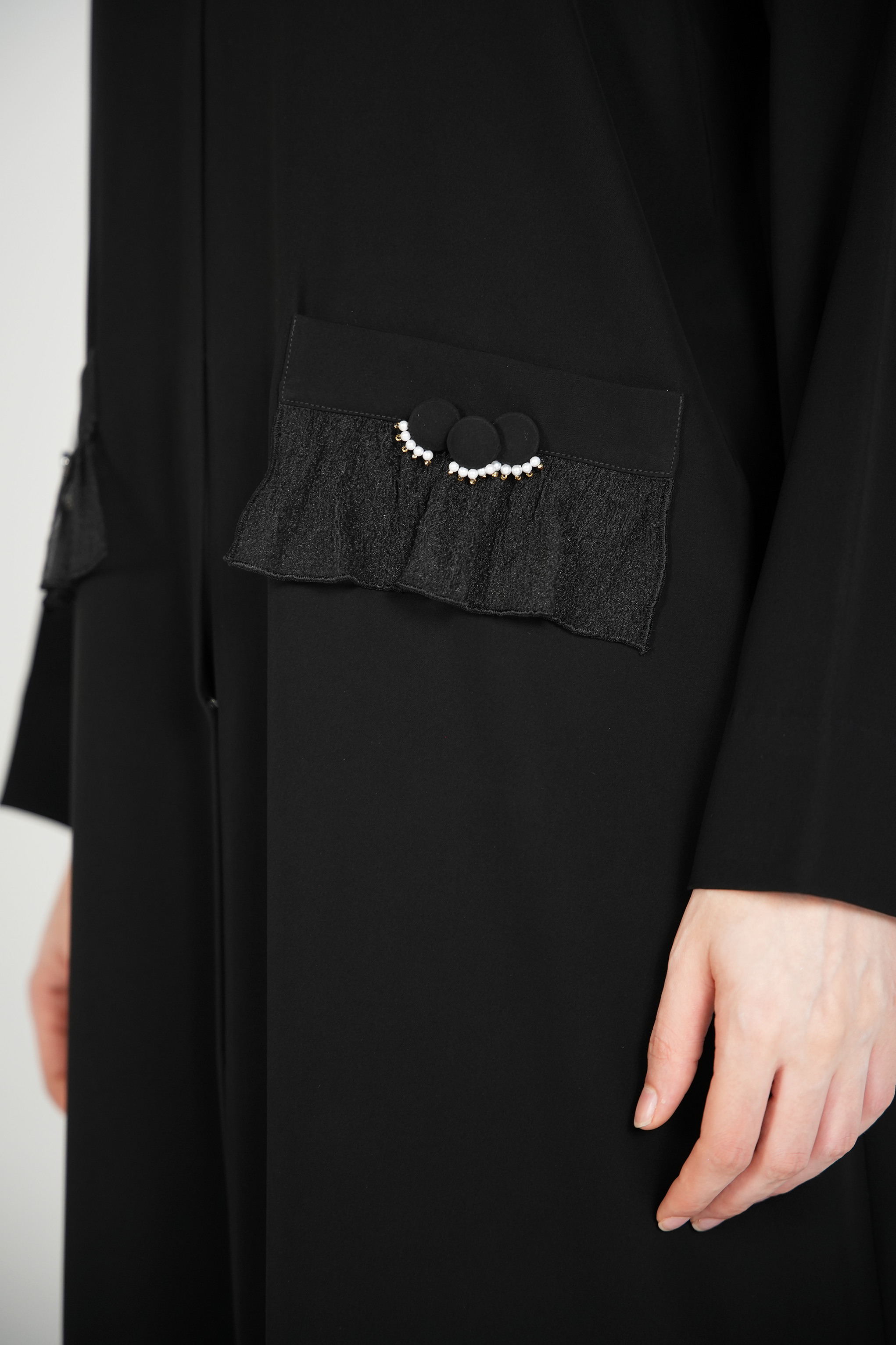 Black Aria Crepe Abaya with Minimal Beadwork Detail on Buttons - Posh Abaya