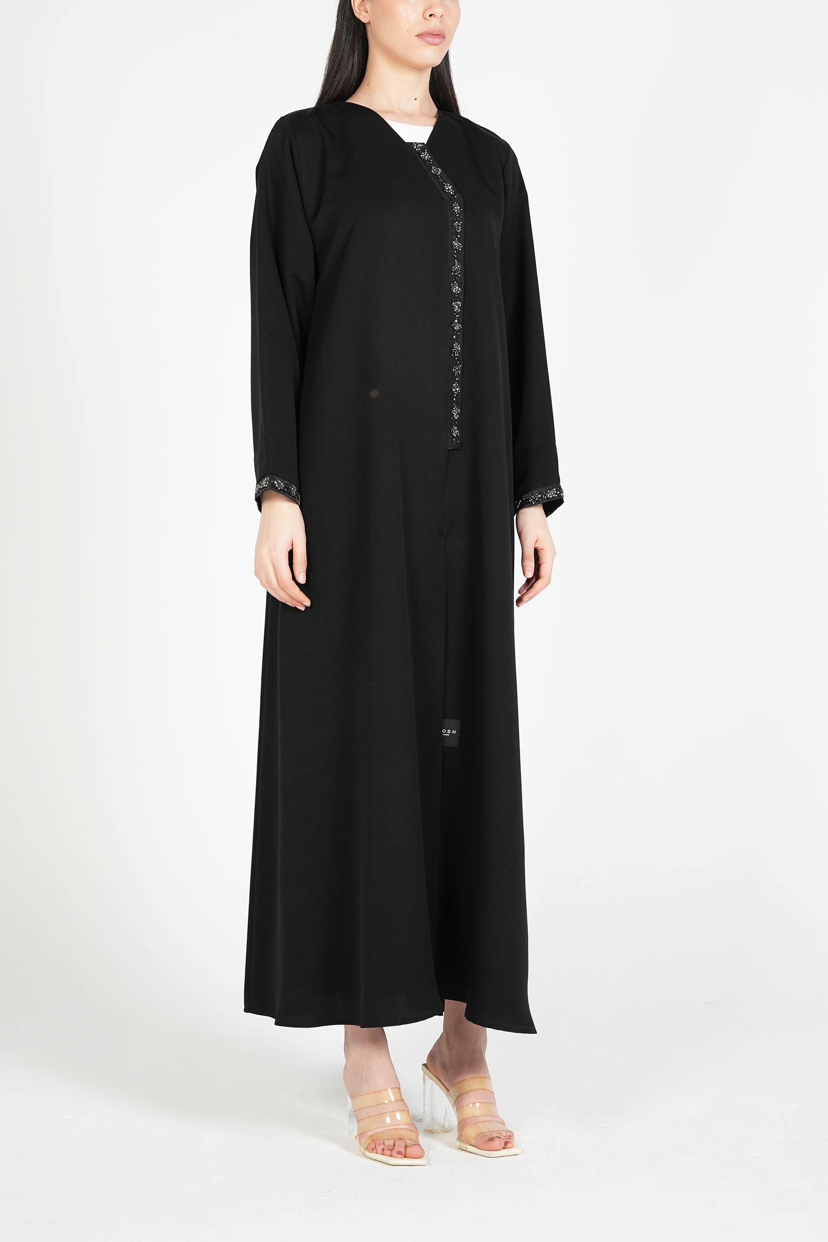 Black Emarati Crepe Abaya with Overlap Design, Organza Patch, and Beadwork - Posh Abaya