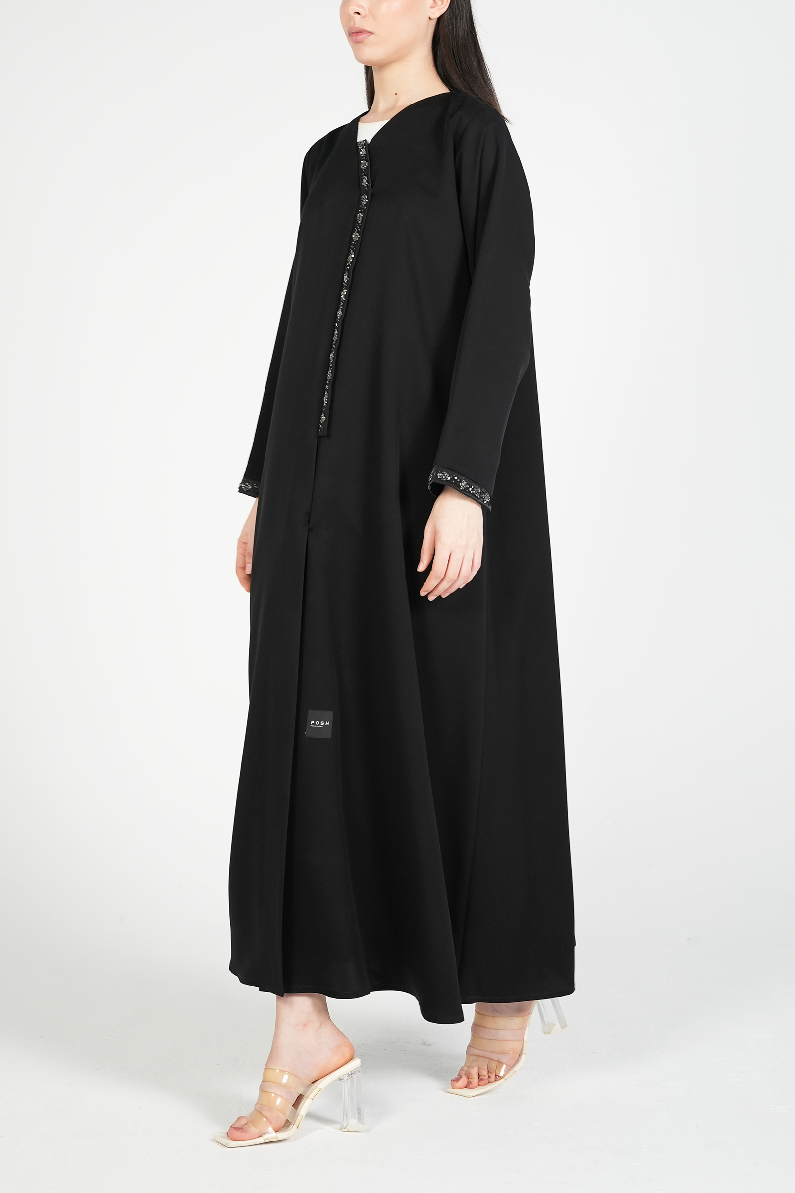 Black Emarati Crepe Abaya with Overlap Design, Organza Patch, and Beadwork - Posh Abaya