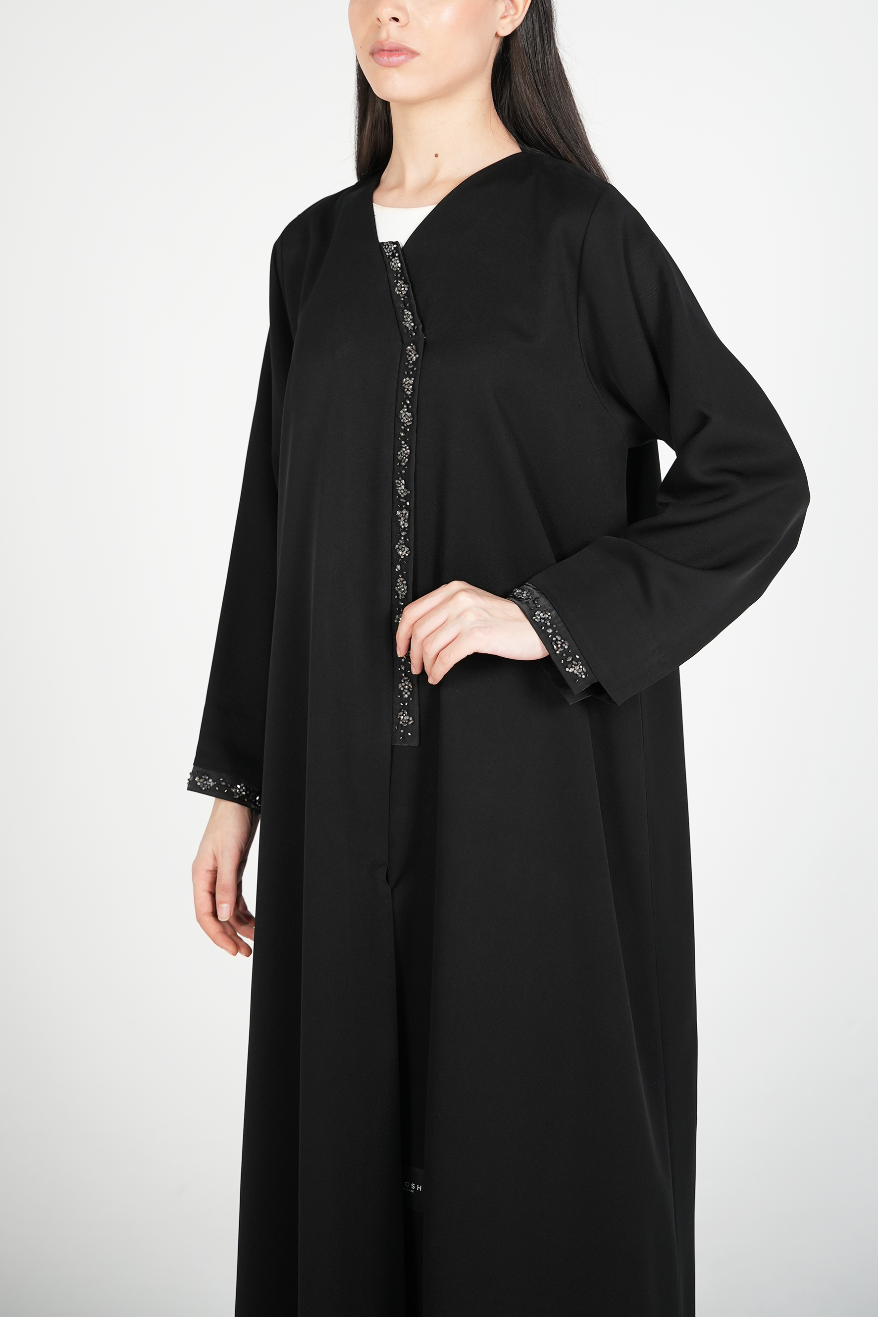 Black Emarati Crepe Abaya with Overlap Design, Organza Patch, and Beadwork - Posh Abaya