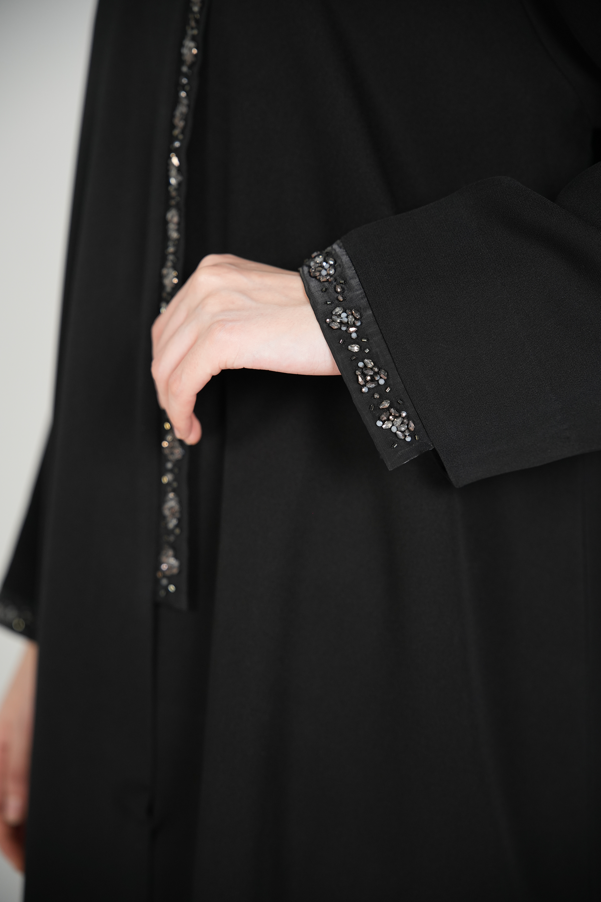 Black Emarati Crepe Abaya with Overlap Design, Organza Patch, and Beadwork - Posh Abaya