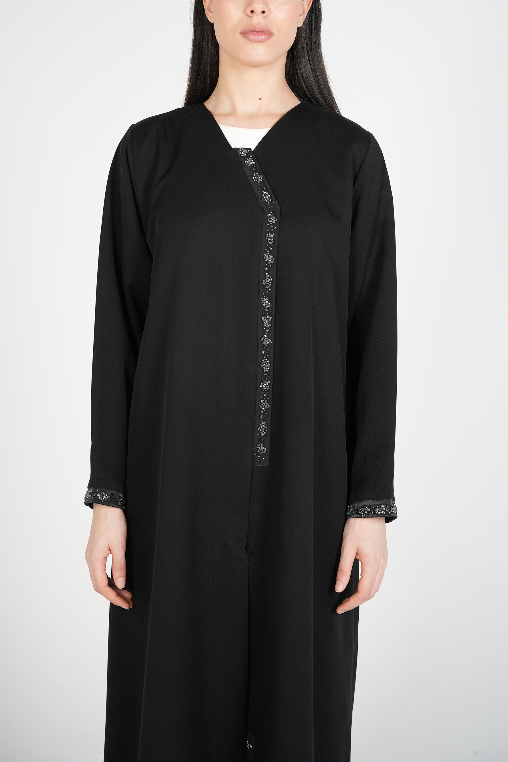 Black Emarati Crepe Abaya with Overlap Design, Organza Patch, and Beadwork - Posh Abaya