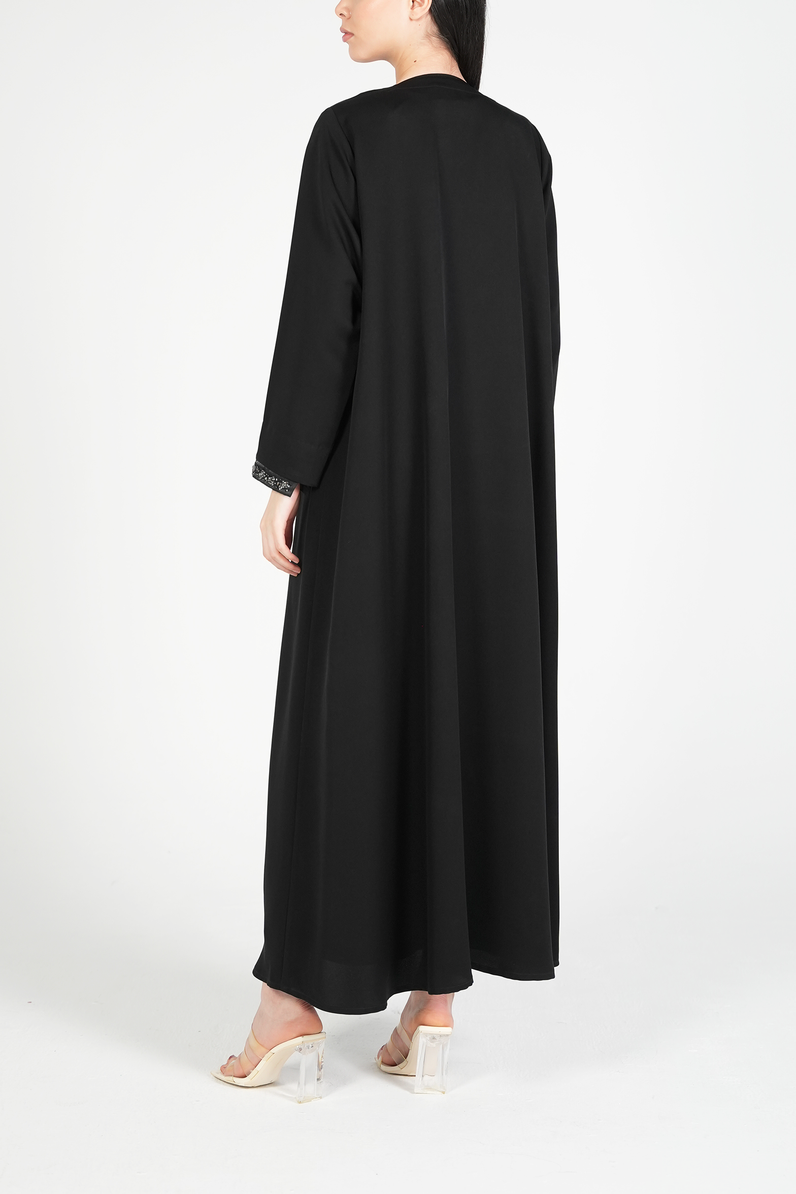 Black Emarati Crepe Abaya with Overlap Design, Organza Patch, and Beadwork - Posh Abaya