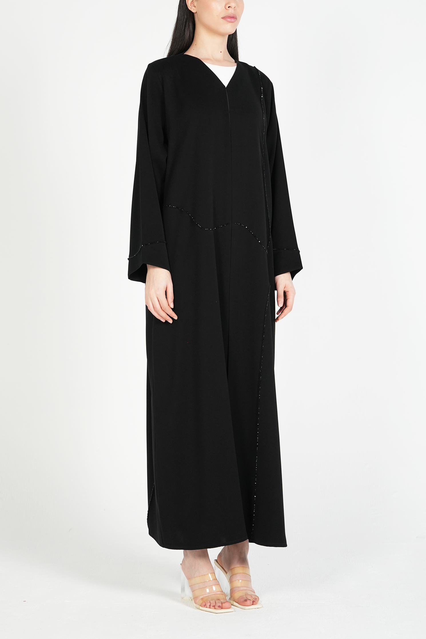 Black Amara Crepe Abaya with Self-Color Beadwork on Front and Sleeves - Posh Abaya