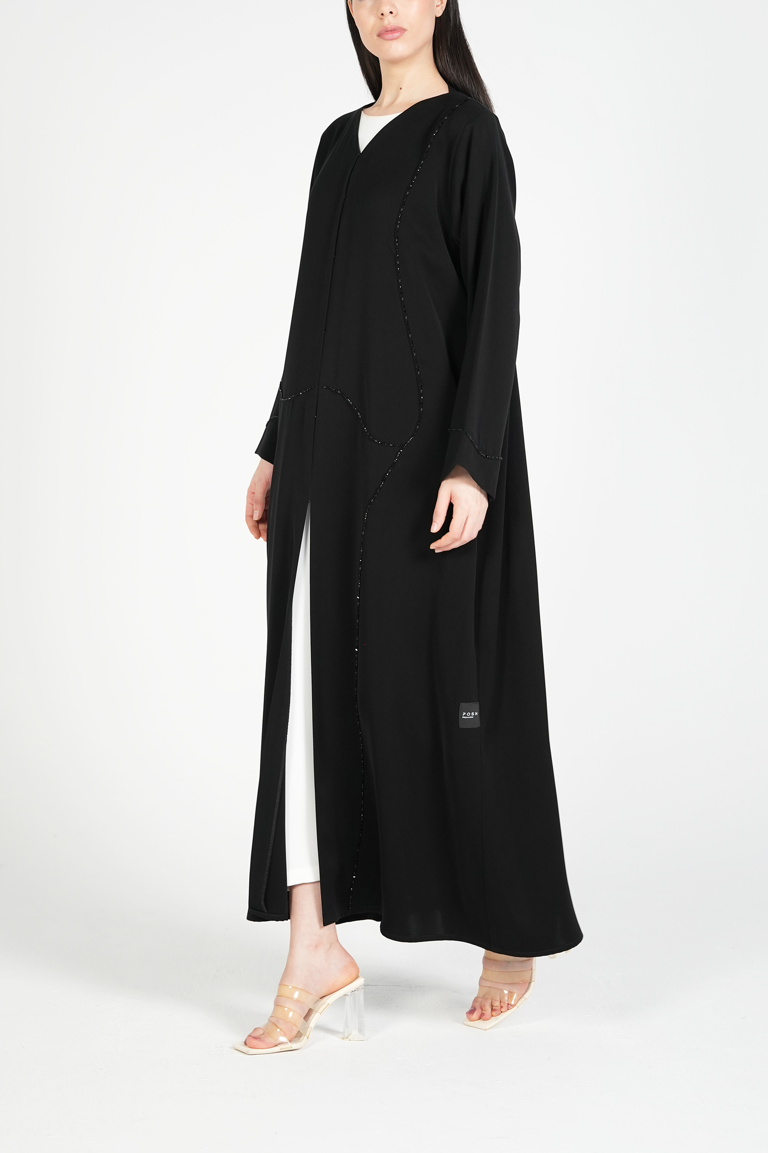 Black Amara Crepe Abaya with Self-Color Beadwork on Front and Sleeves - Posh Abaya