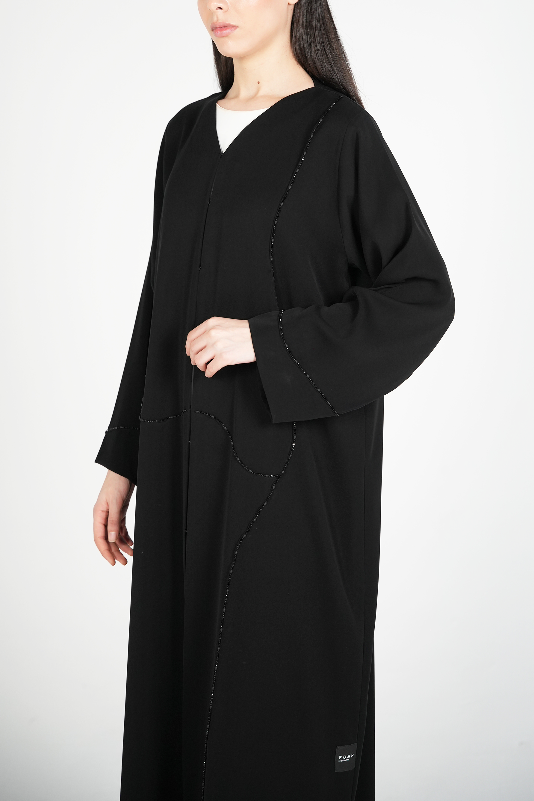 Black Amara Crepe Abaya with Self-Color Beadwork on Front and Sleeves - Posh Abaya