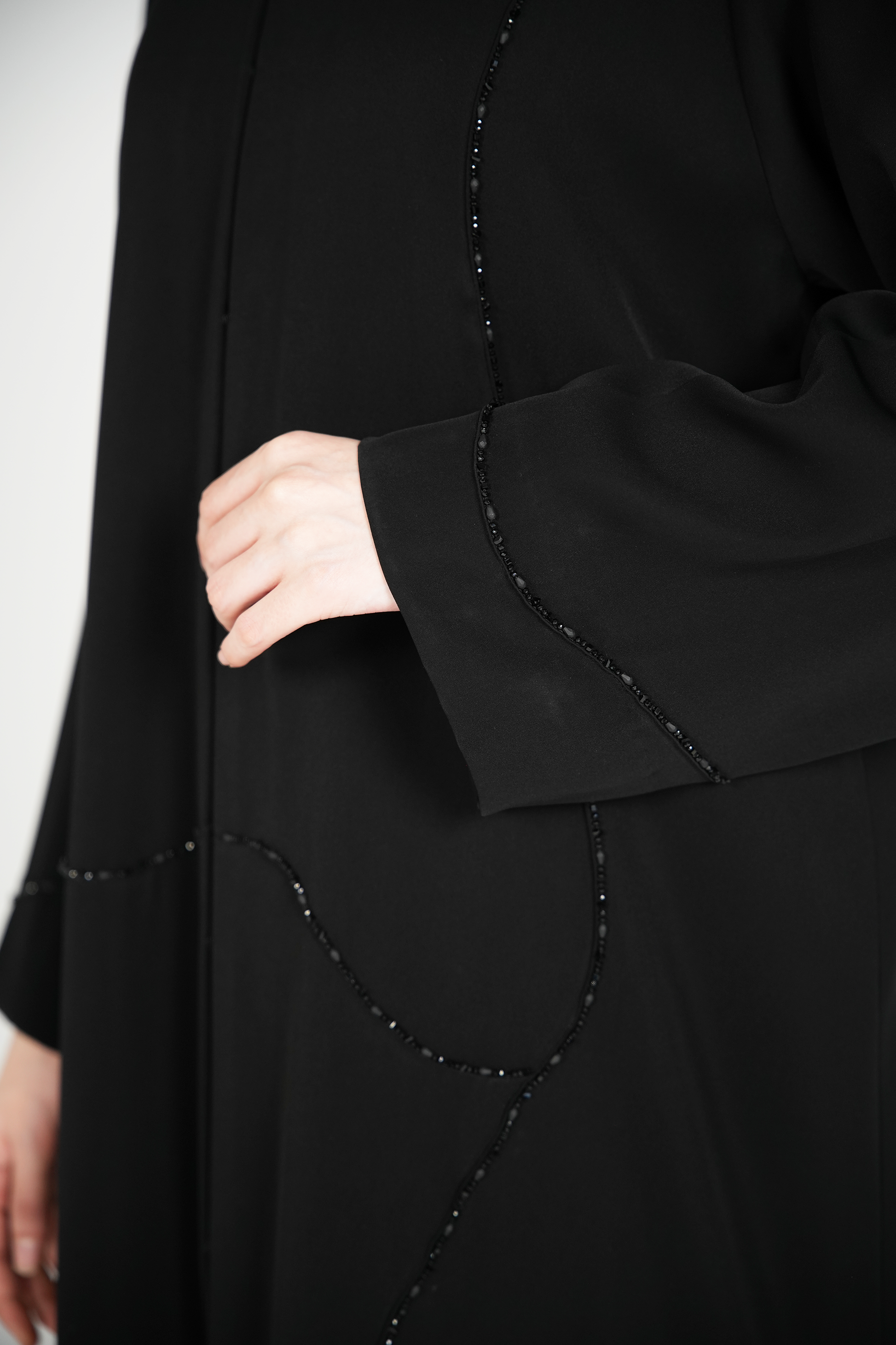 Black Amara Crepe Abaya with Self-Color Beadwork on Front and Sleeves - Posh Abaya