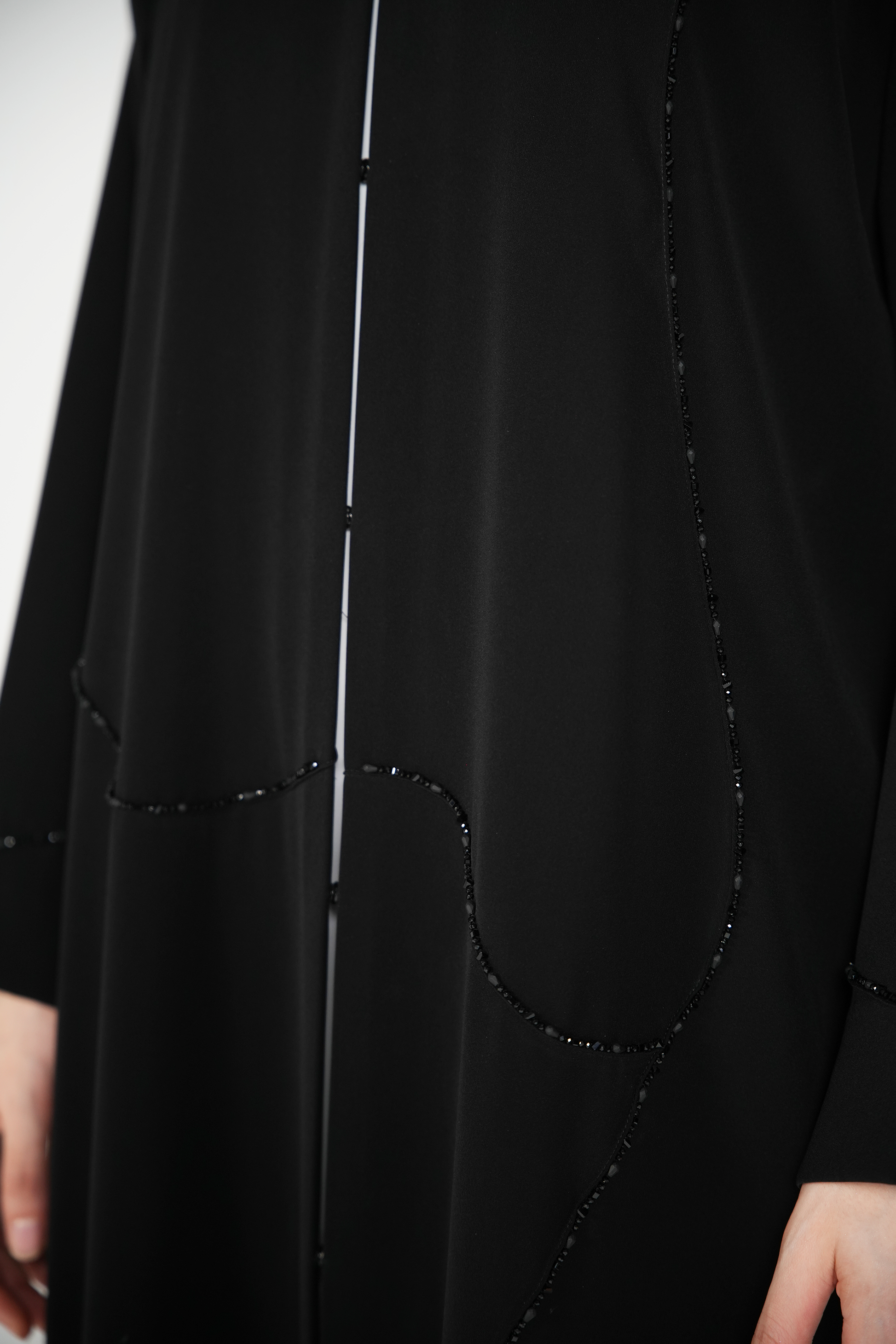 Black Amara Crepe Abaya with Self-Color Beadwork on Front and Sleeves - Posh Abaya