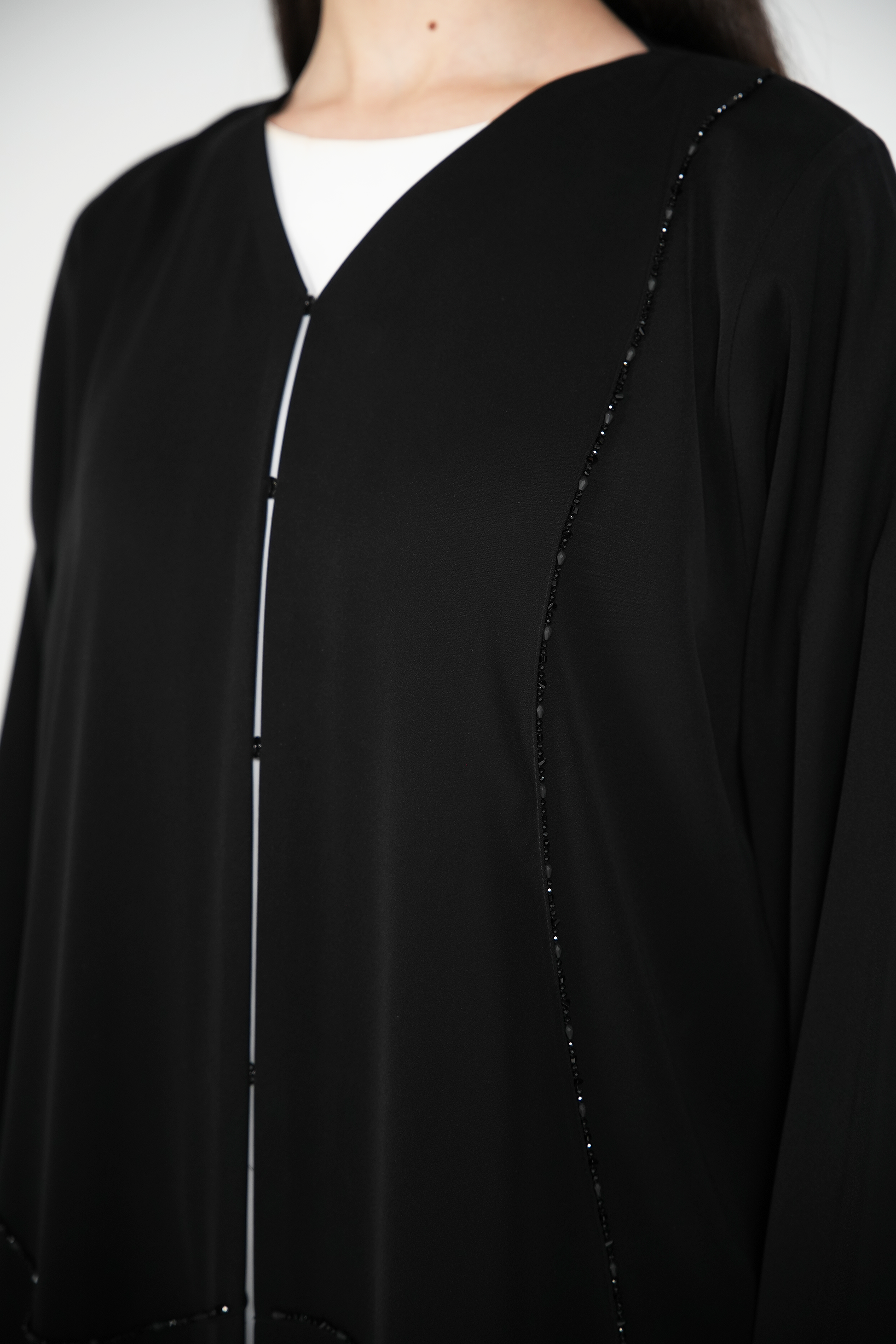 Black Amara Crepe Abaya with Self-Color Beadwork on Front and Sleeves - Posh Abaya
