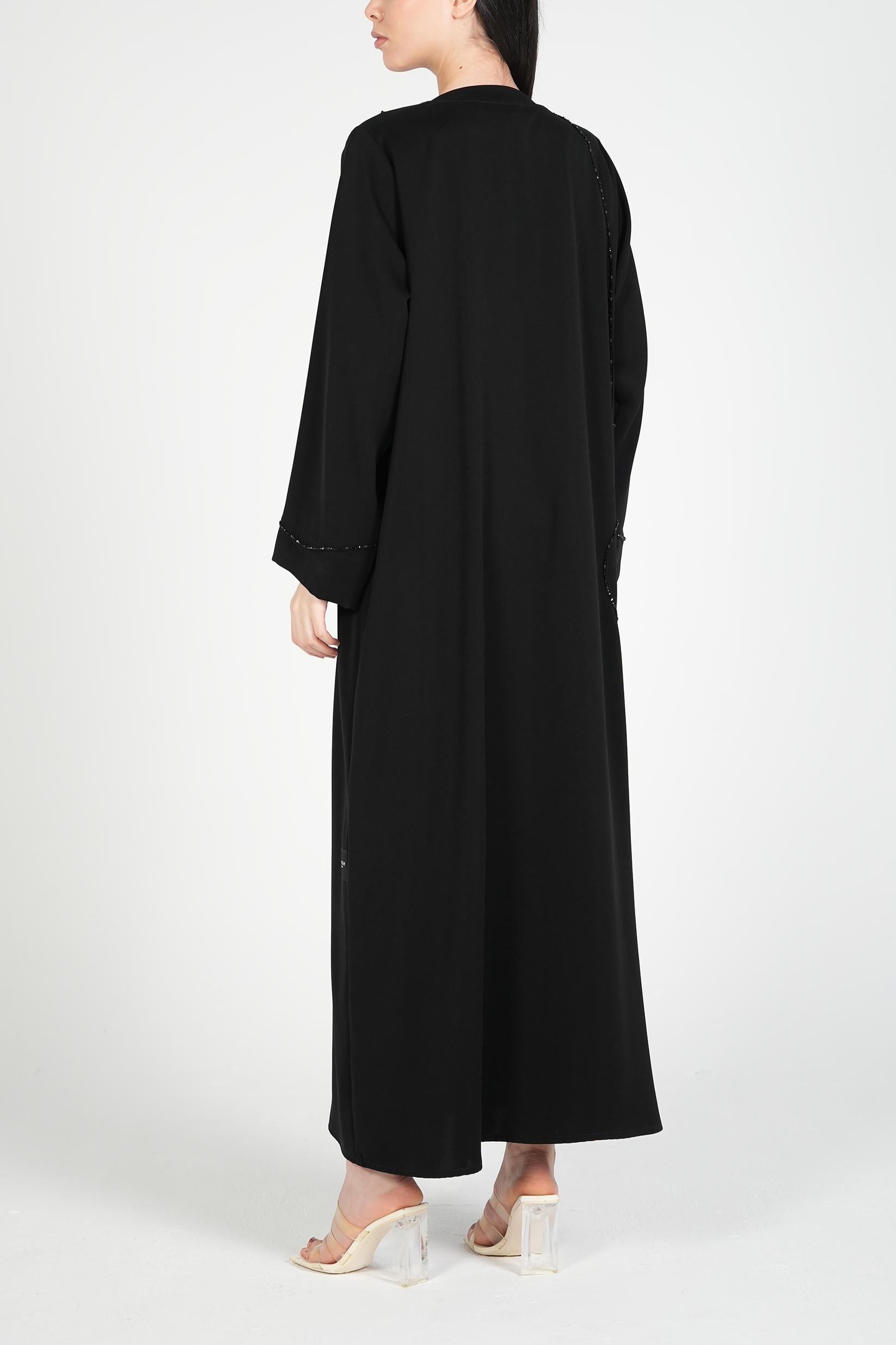 Black Amara Crepe Abaya with Self-Color Beadwork on Front and Sleeves - Posh Abaya