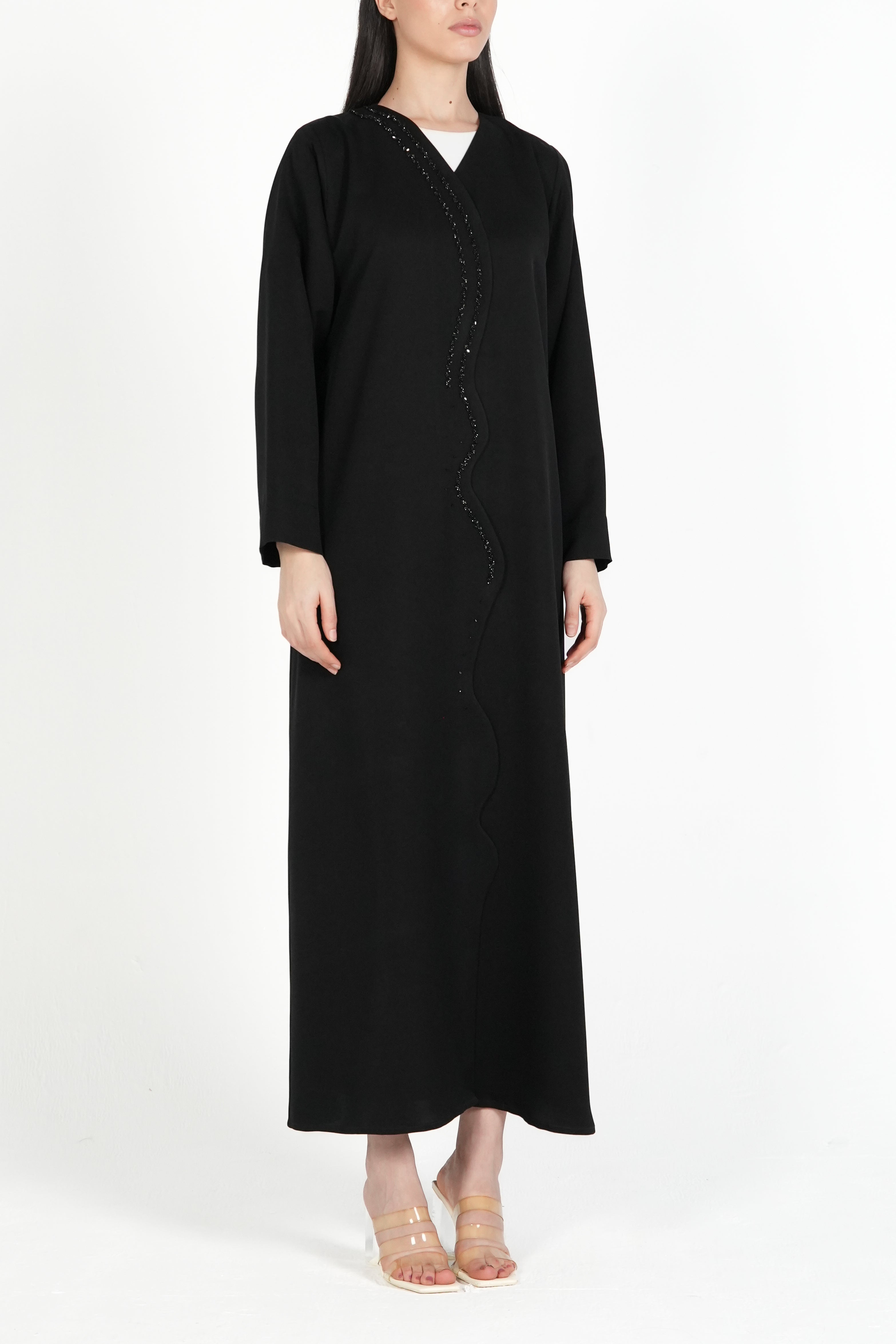 Black Emarati Crepe Abaya with Overlap Front and Triple-Line Beadwork - Posh Abaya