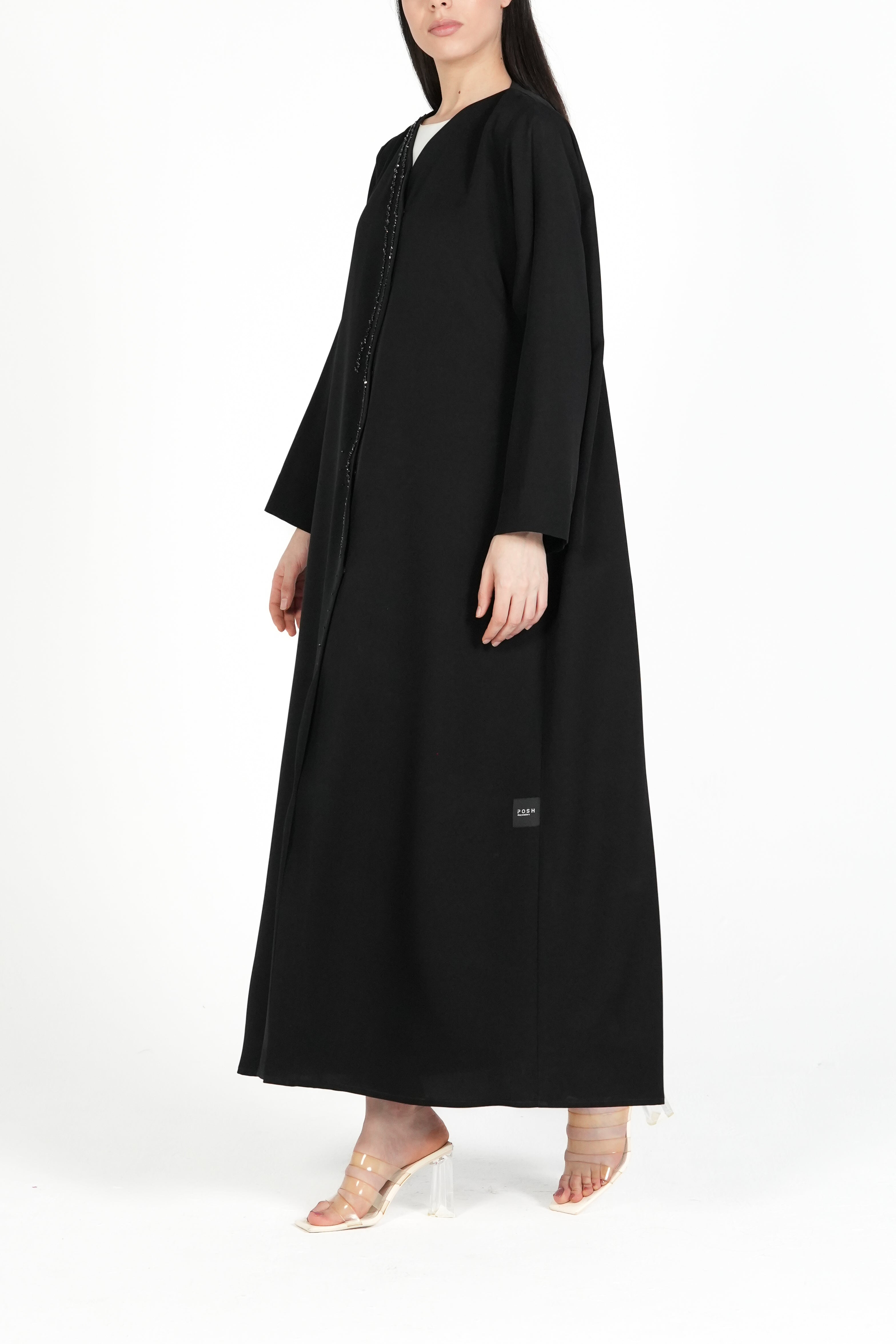 Black Emarati Crepe Abaya with Overlap Front and Triple-Line Beadwork - Posh Abaya