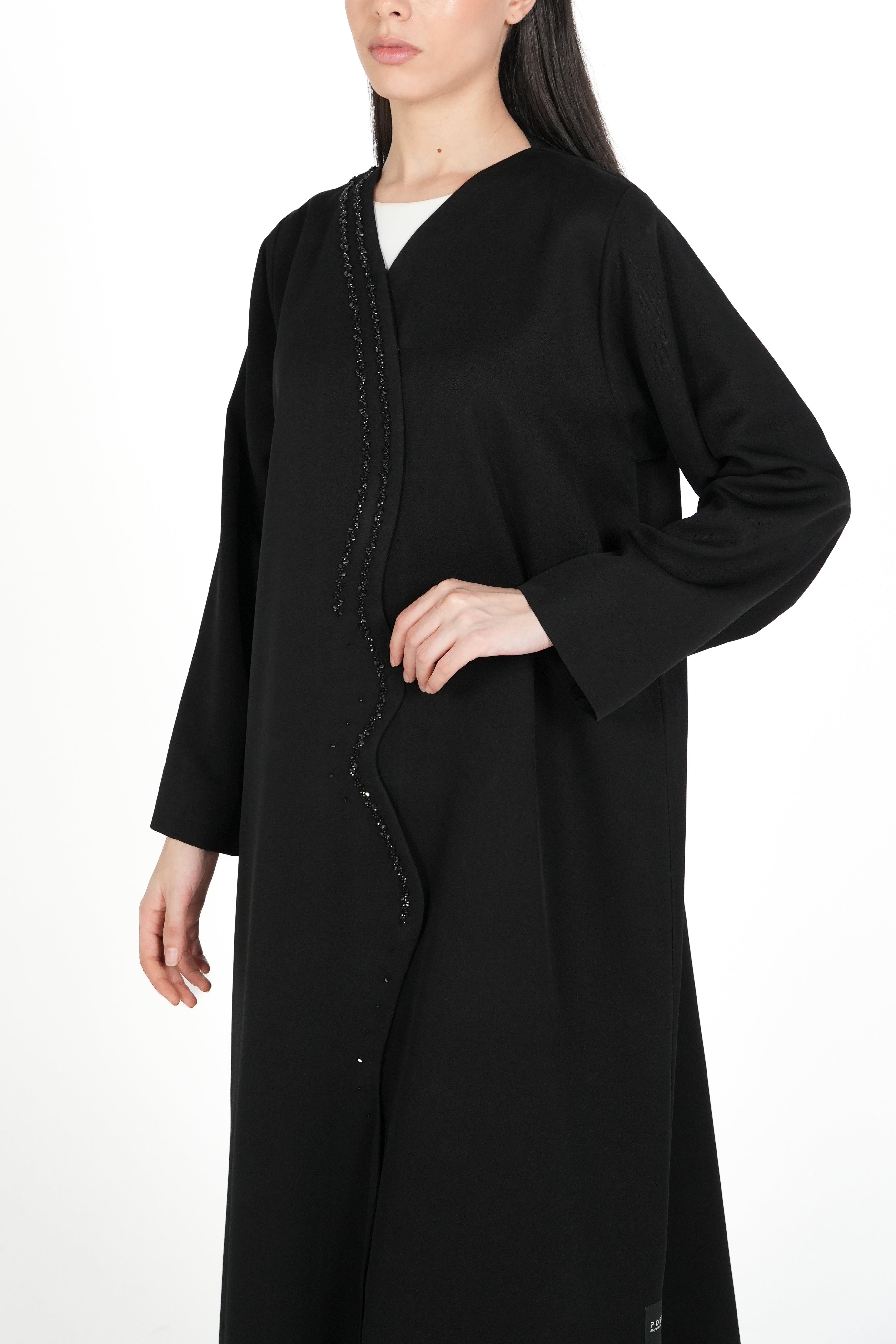 Black Emarati Crepe Abaya with Overlap Front and Triple-Line Beadwork - Posh Abaya