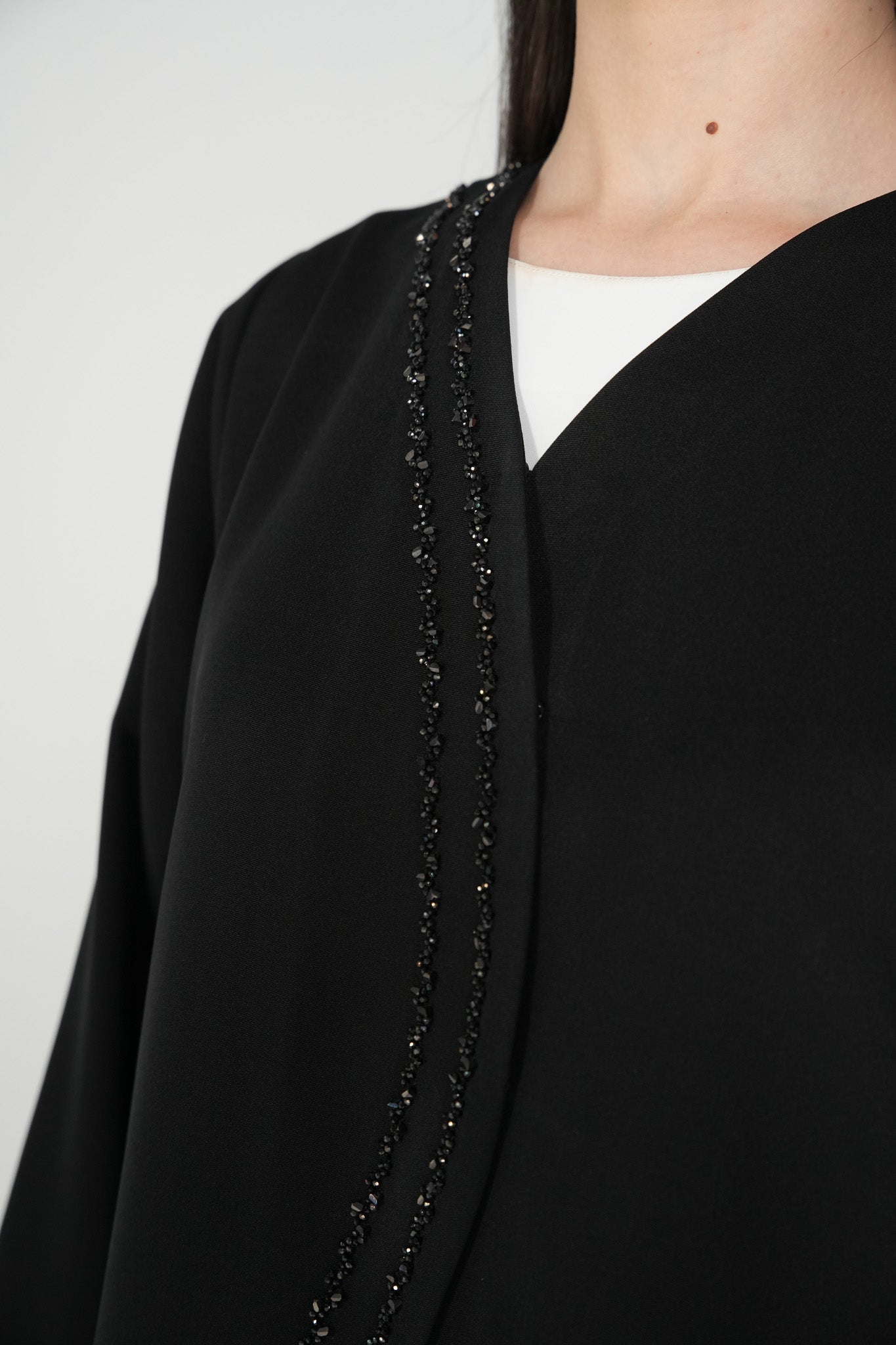 Black Emarati Crepe Abaya with Overlap Front and Triple-Line Beadwork - Posh Abaya