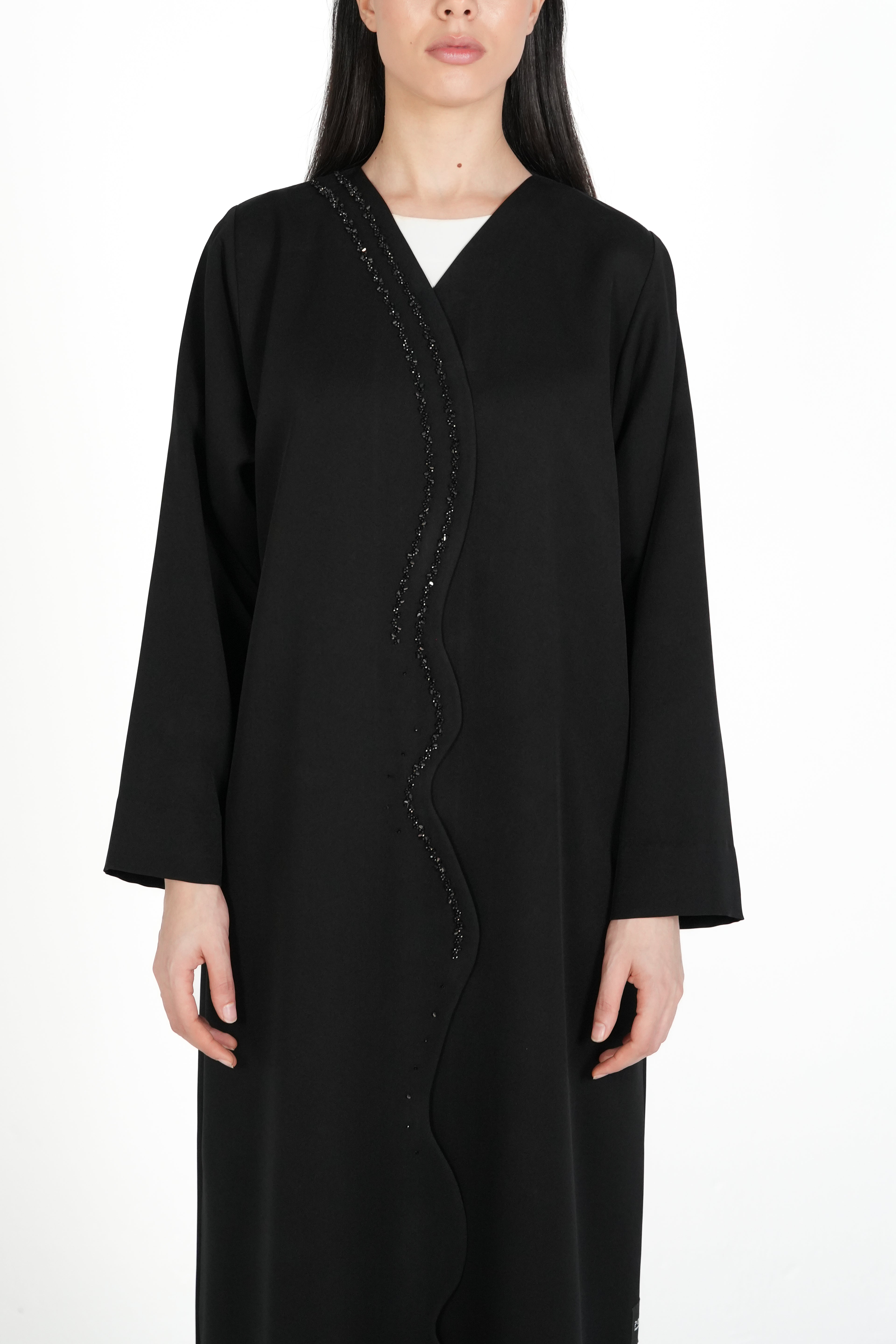Black Emarati Crepe Abaya with Overlap Front and Triple-Line Beadwork - Posh Abaya