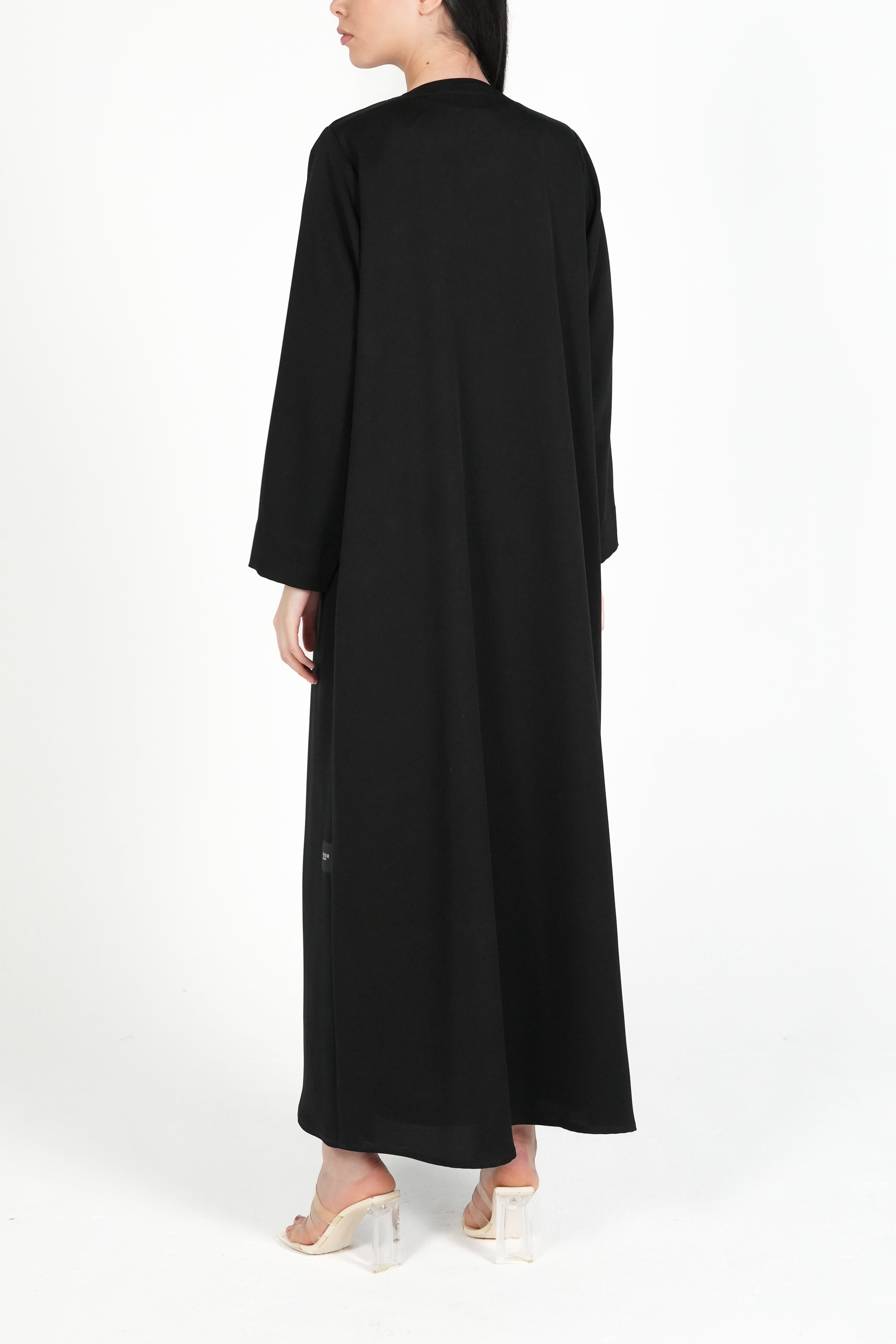 Black Emarati Crepe Abaya with Overlap Front and Triple-Line Beadwork - Posh Abaya