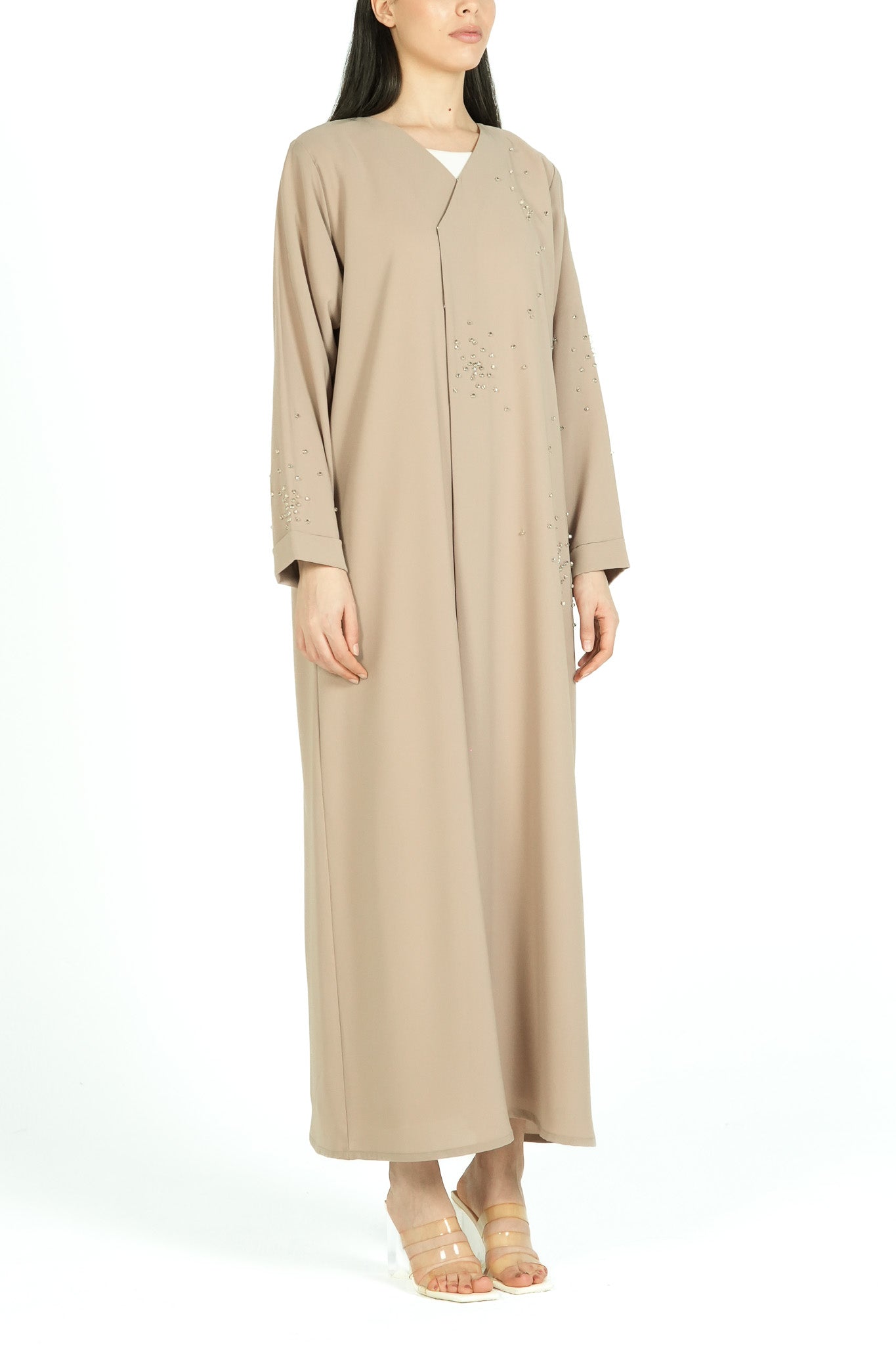 Beige Nova Crepe Abaya with Crystal Beadwork Detail - Posh Abaya