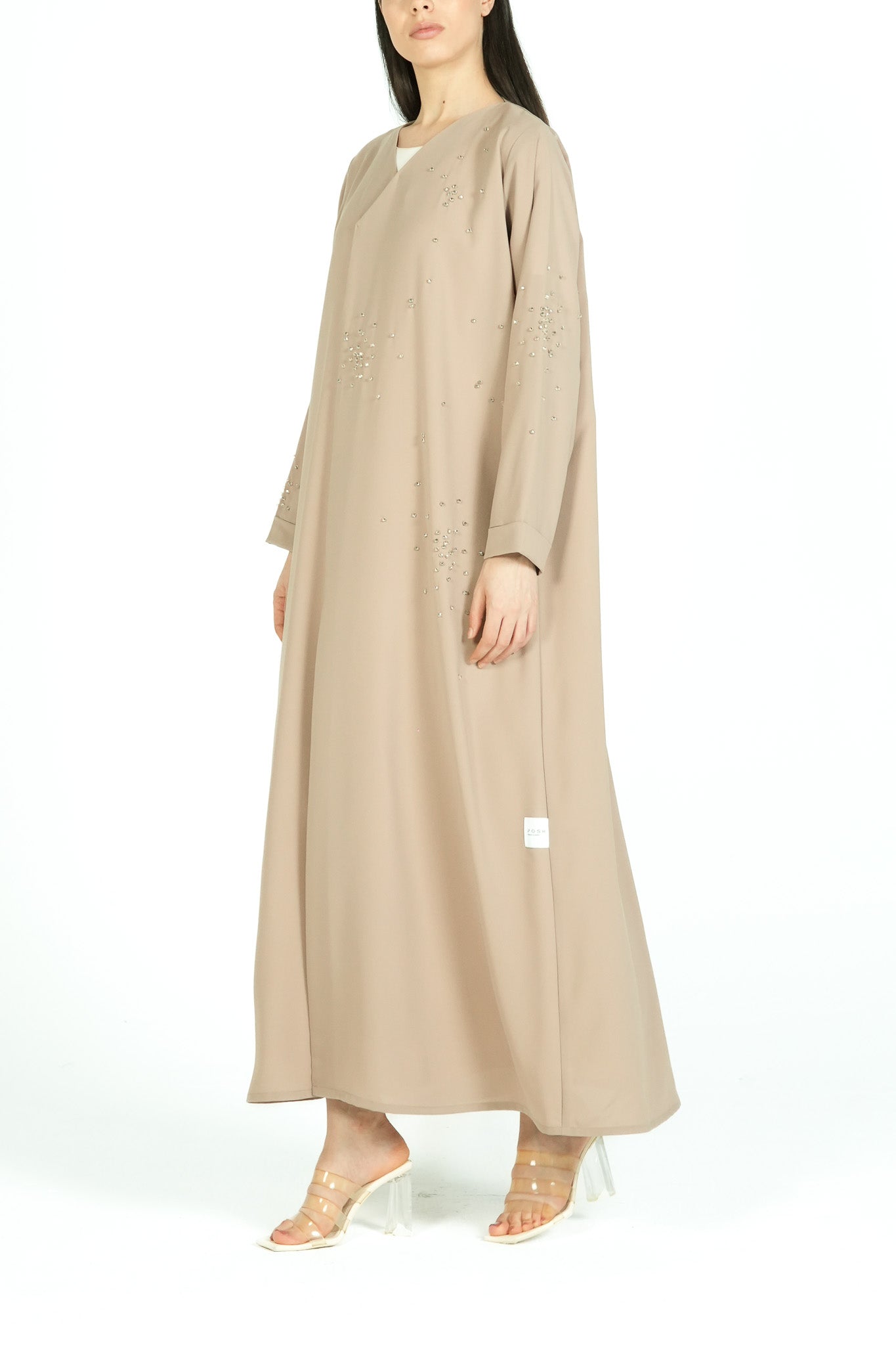 Beige Nova Crepe Abaya with Crystal Beadwork Detail - Posh Abaya