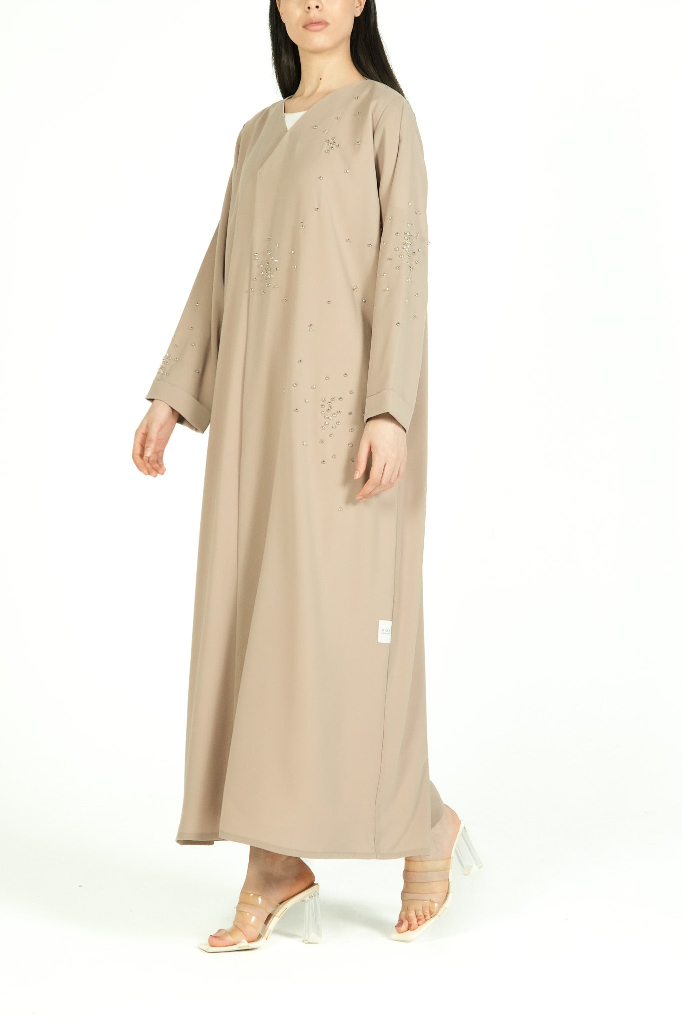 Beige Nova Crepe Abaya with Crystal Beadwork Detail - Posh Abaya