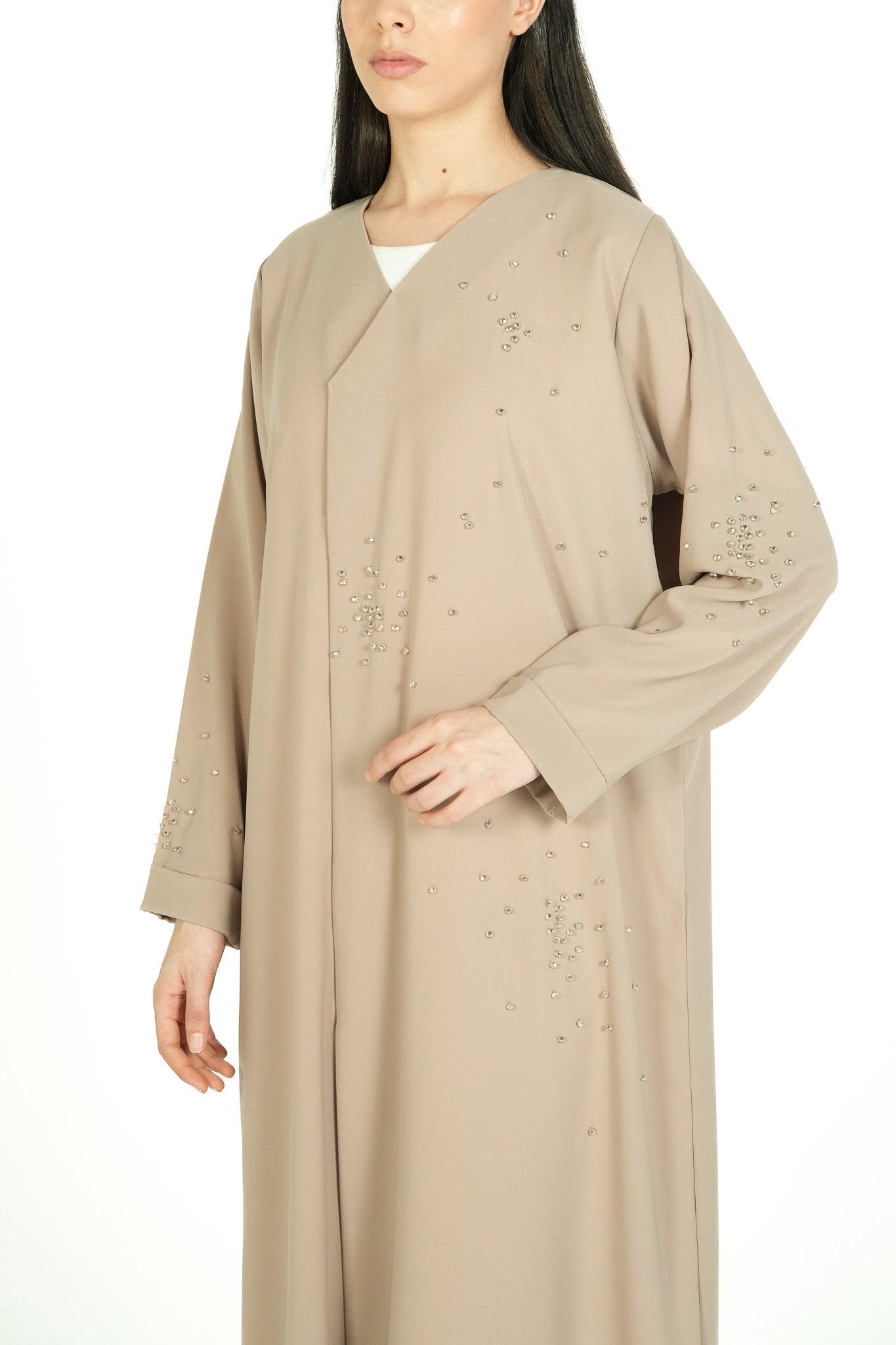 Beige Nova Crepe Abaya with Crystal Beadwork Detail - Posh Abaya