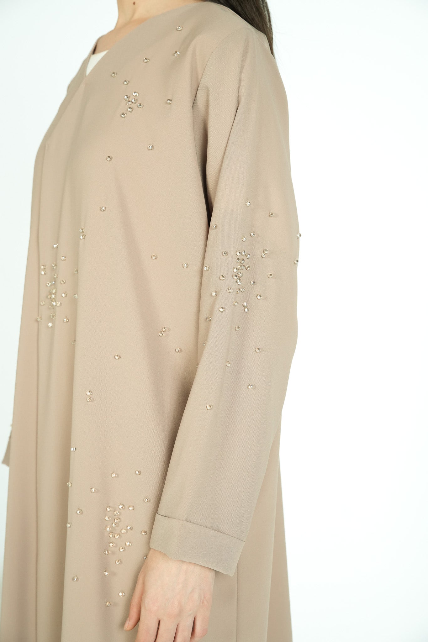 Beige Nova Crepe Abaya with Crystal Beadwork Detail - Posh Abaya